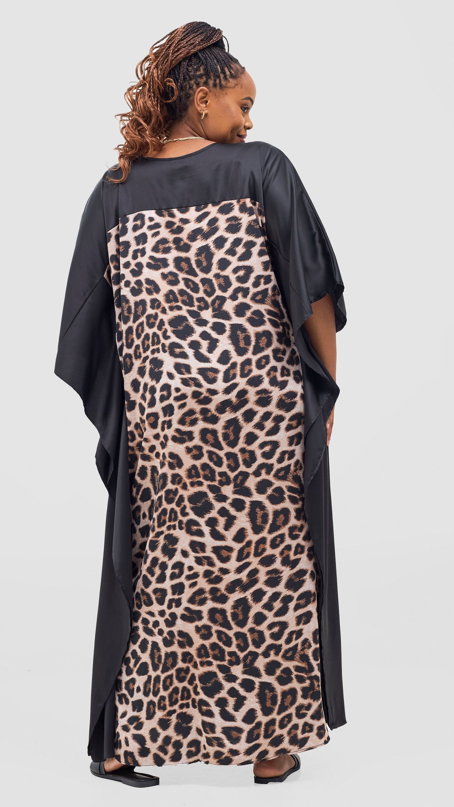 Vivo Keza Satin Border Maxi Kaftan - Black / Beige Animal Print