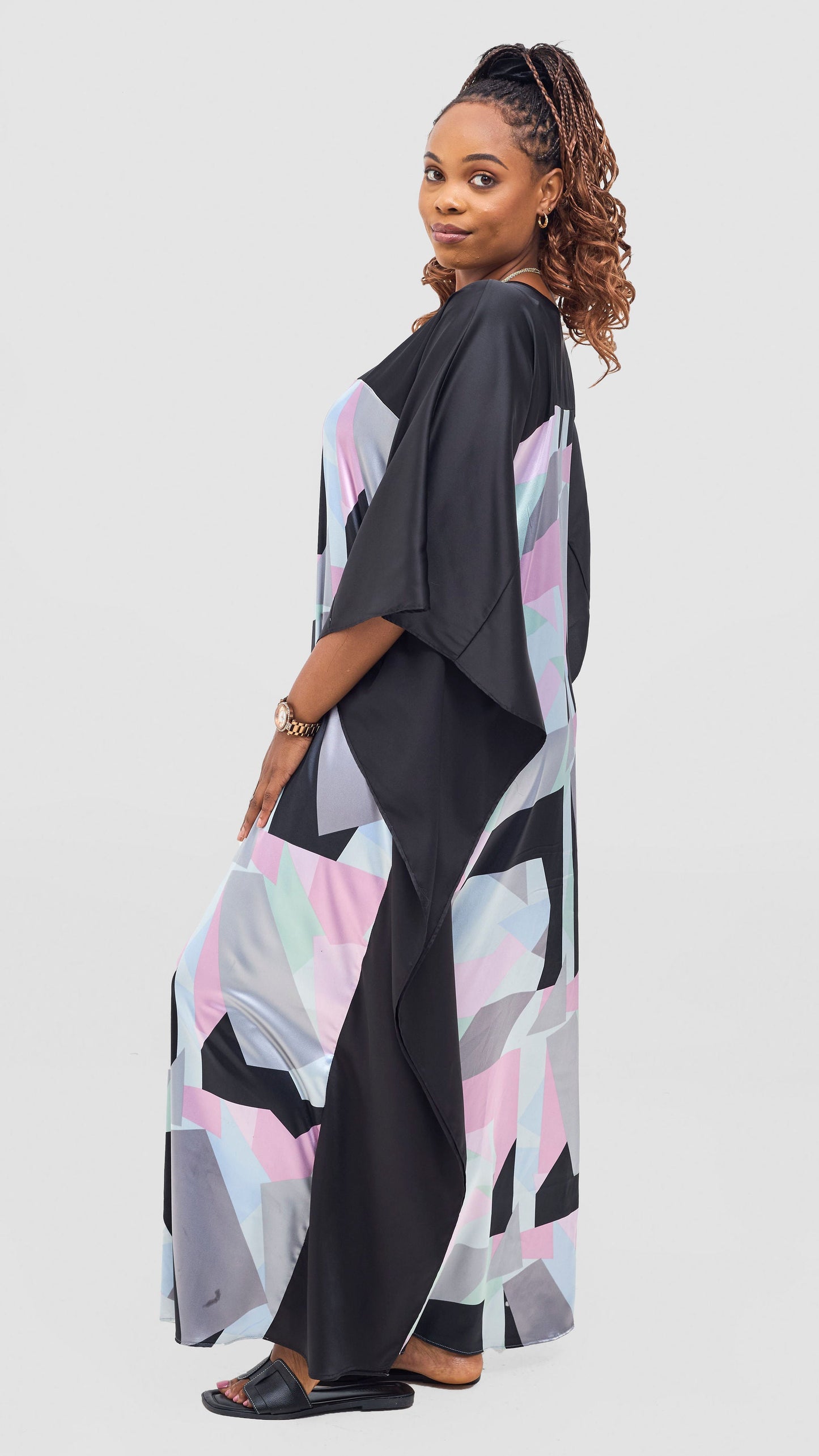 Vivo Keza Satin Border Maxi Kaftan - Pink / Lime Toco Print