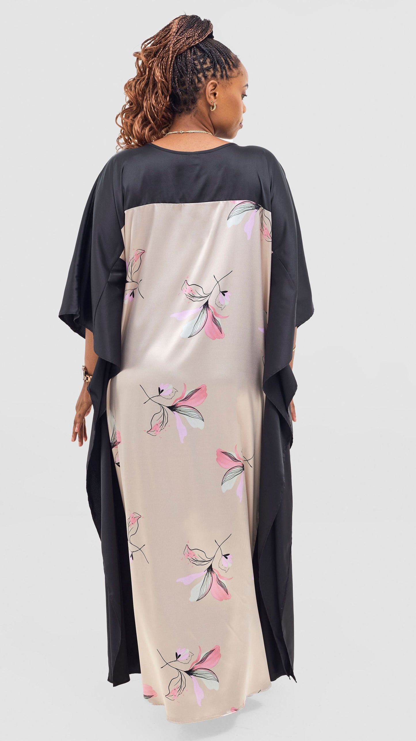 Vivo Keza Satin Border Maxi Kaftan - Beige / Pink Tawa Print
