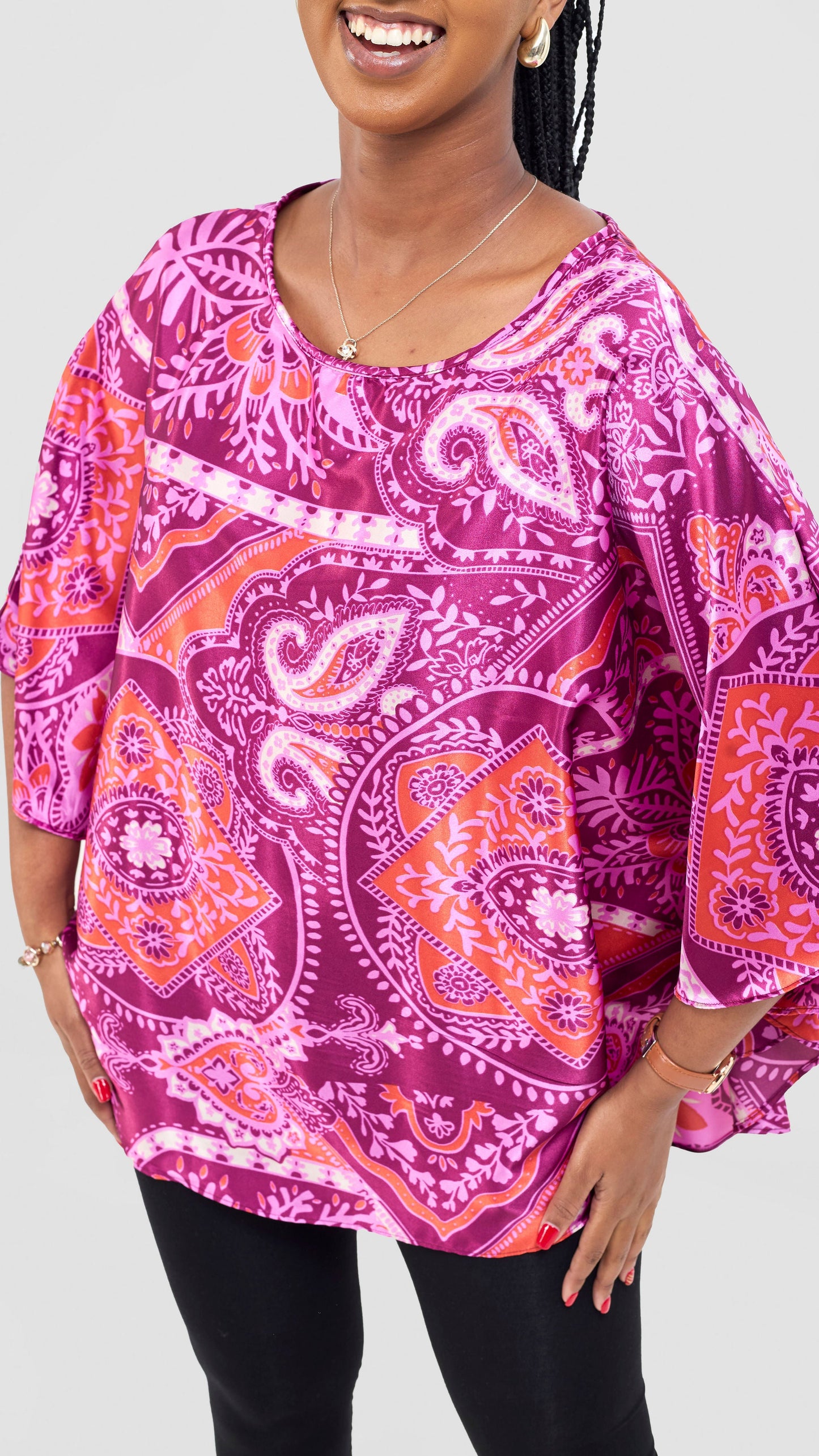 Vivo Keza Circular Loose Top - Burgundy / Pink Zade Print