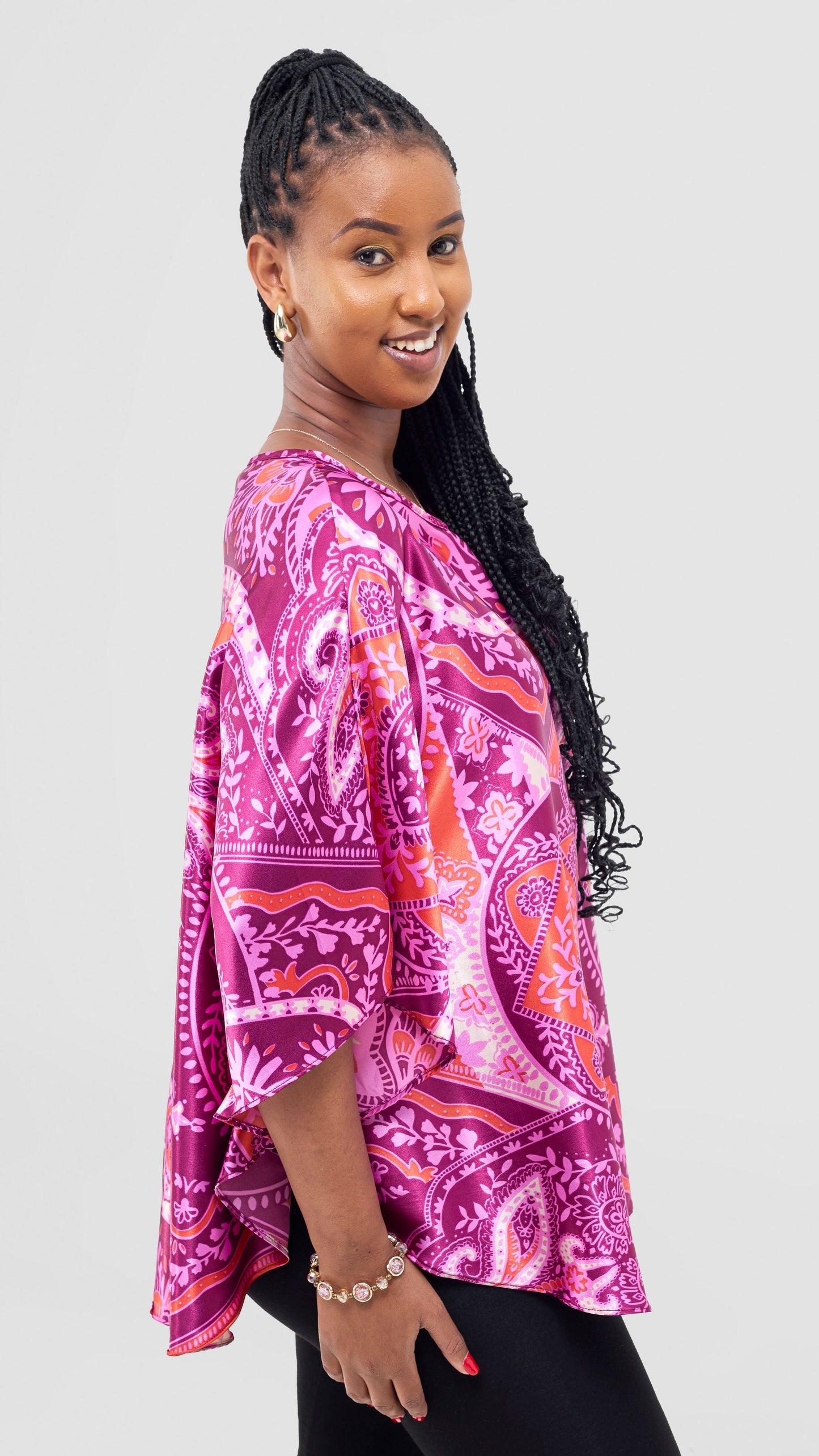 Vivo Keza Circular Loose Top - Burgundy / Pink Zade Print