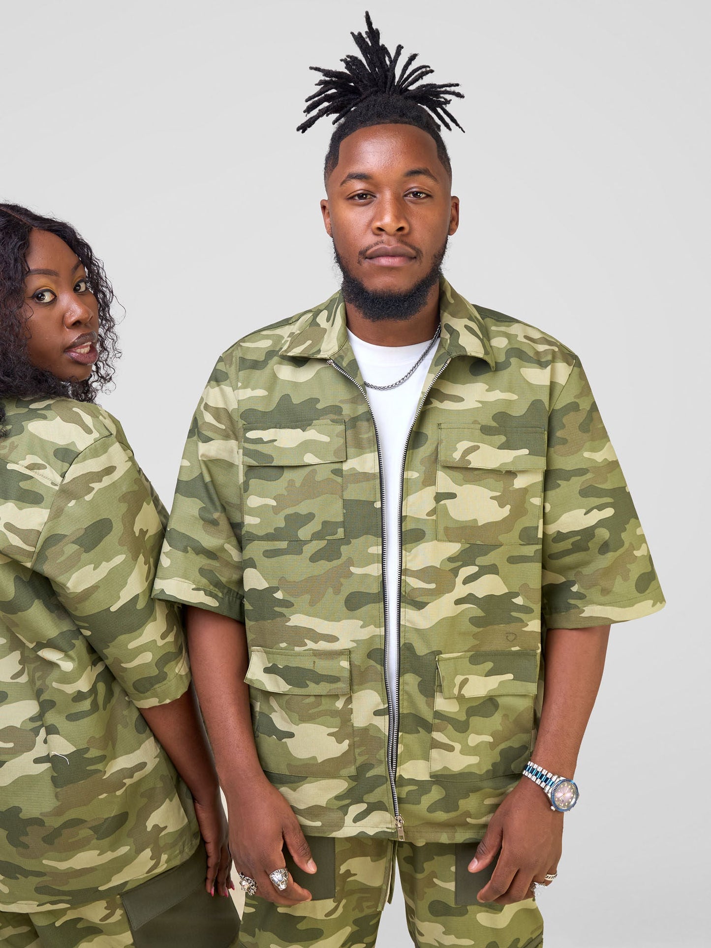 Zoya Temo Mens Zipped Overshirt - Green Camo
