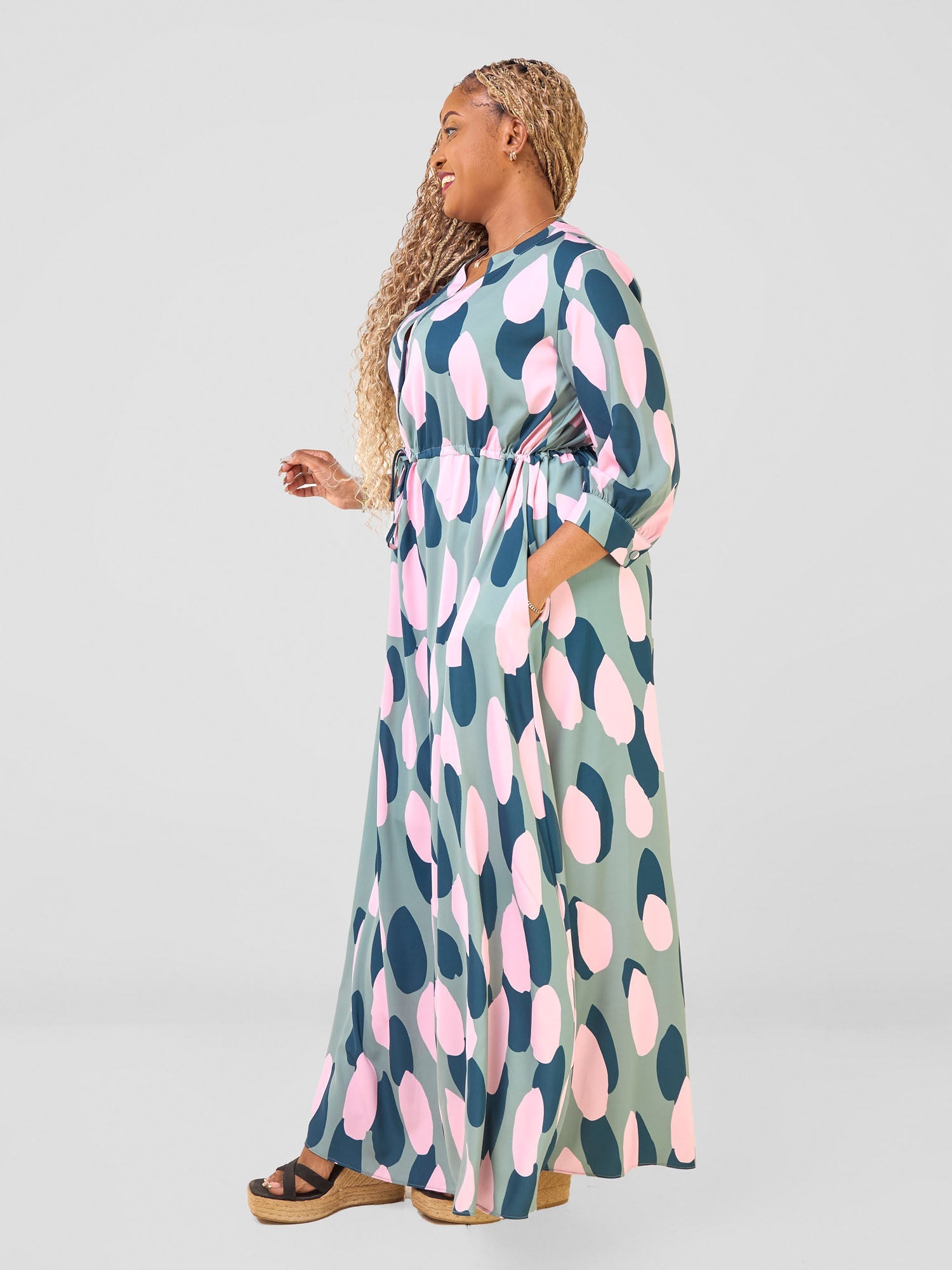 Vivo Hadiya Gathered Maxi Dress - Olive / Teal Diya Print