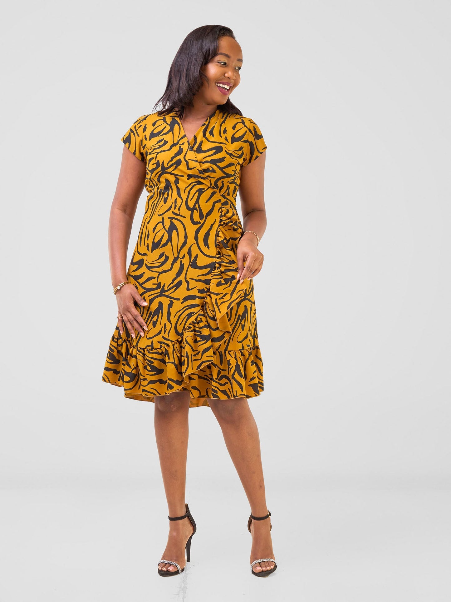 Vivo Nasinka Wrap Dress - Dark Mustard / Black Bugendo Print