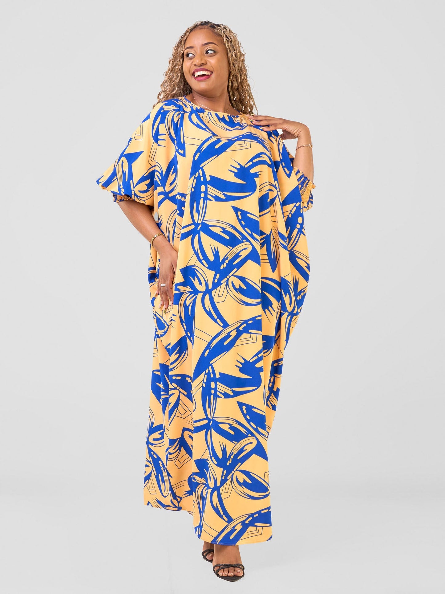 Vivo Wastani Boat Neck Shirred Sleeve Kaftan - Mustard / Blue Abstract Print