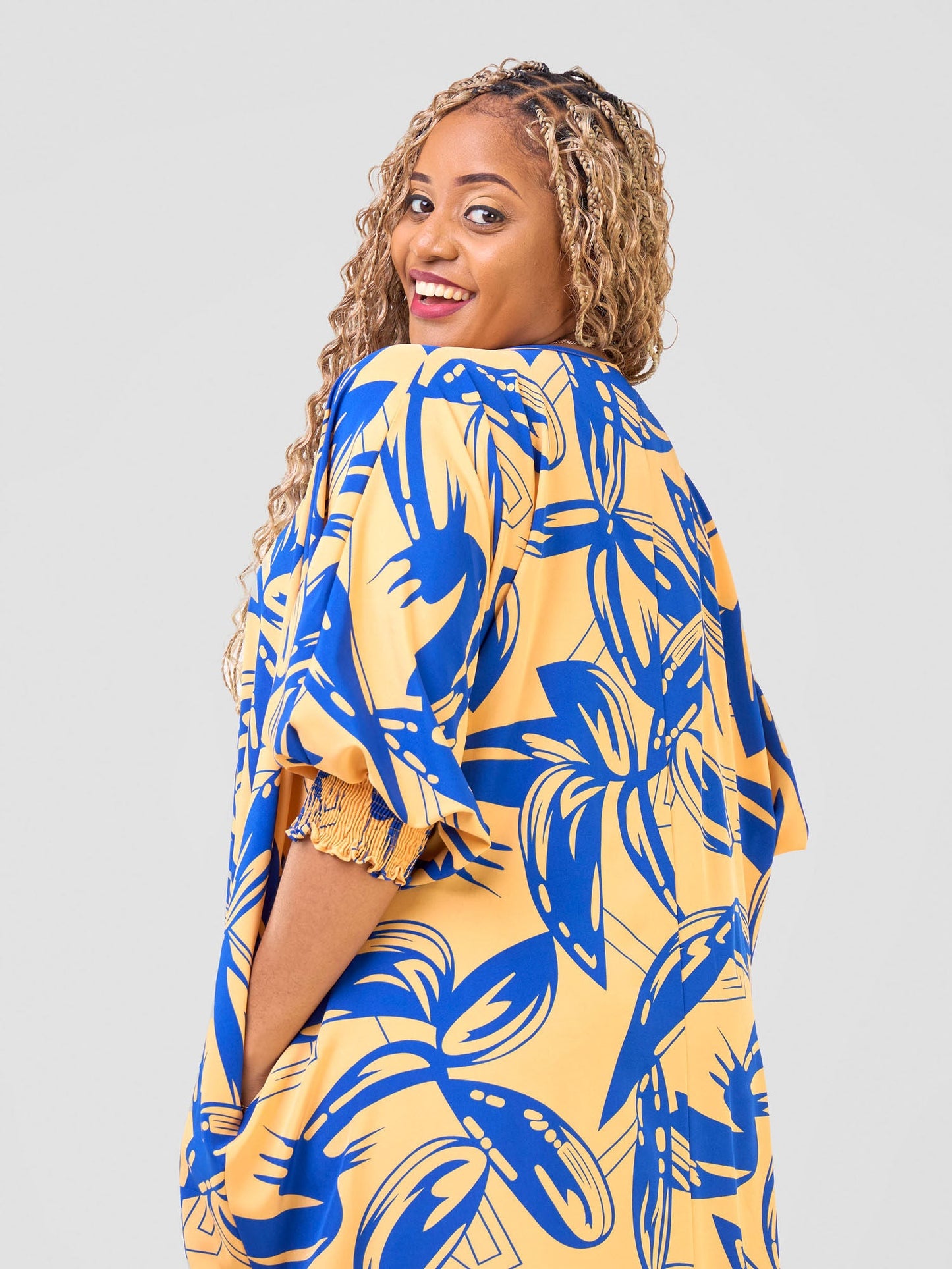 Vivo Wastani Boat Neck Shirred Sleeve Kaftan - Mustard / Blue Abstract Print