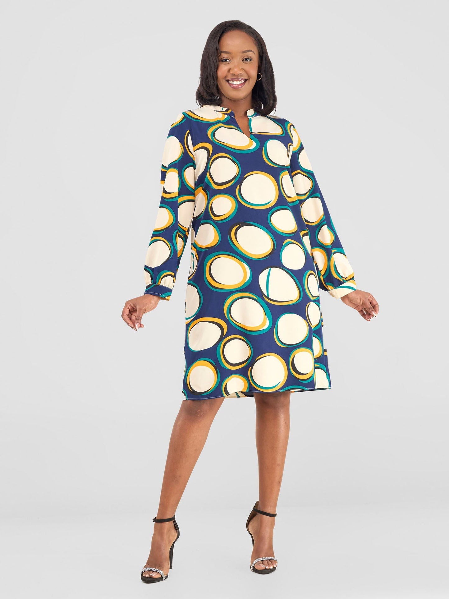 Vivo Zena Long Sleeve Mandarin Collar Shift Dress - Cream / Teal Polka Print