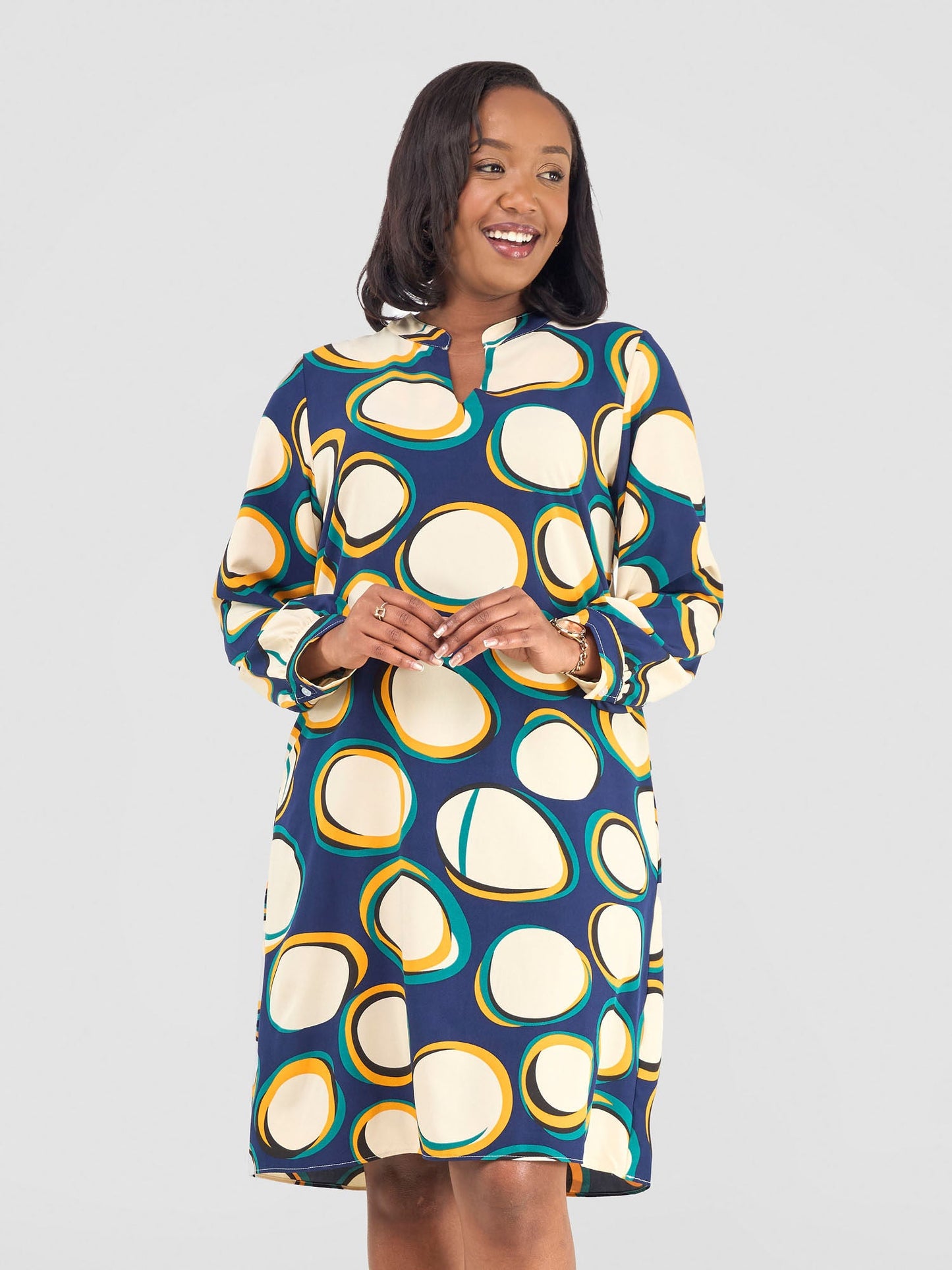 Vivo Zena Long Sleeve Mandarin Collar Shift Dress - Cream / Teal Polka Print