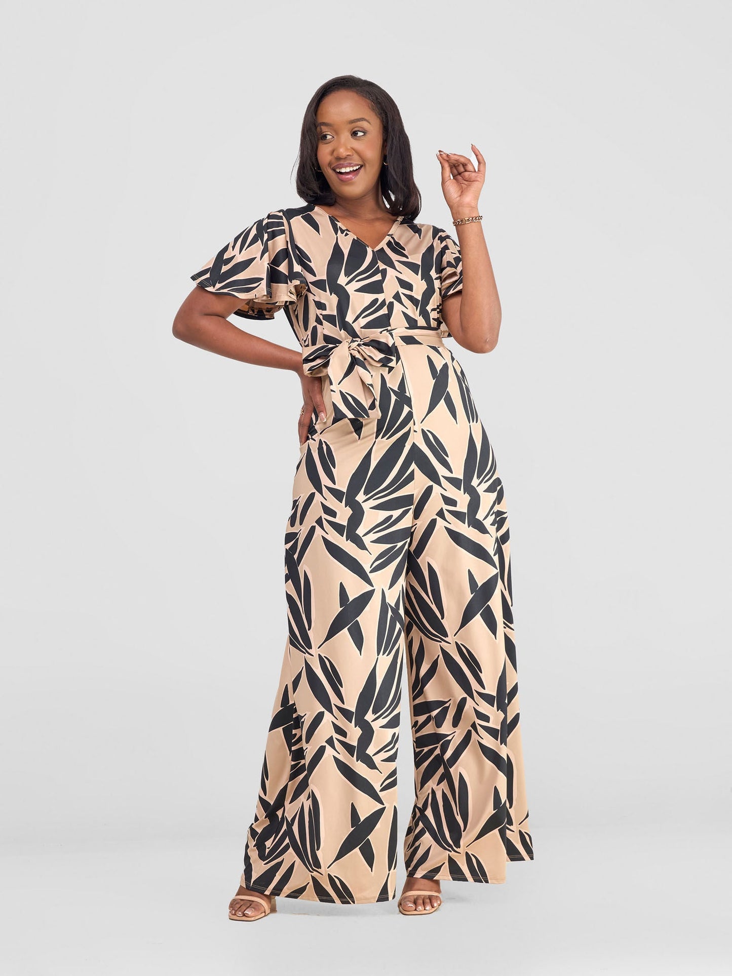 Vivo Ruwa Flounce Sleeve Jumpsuit - Taupe / Black Tawi Print