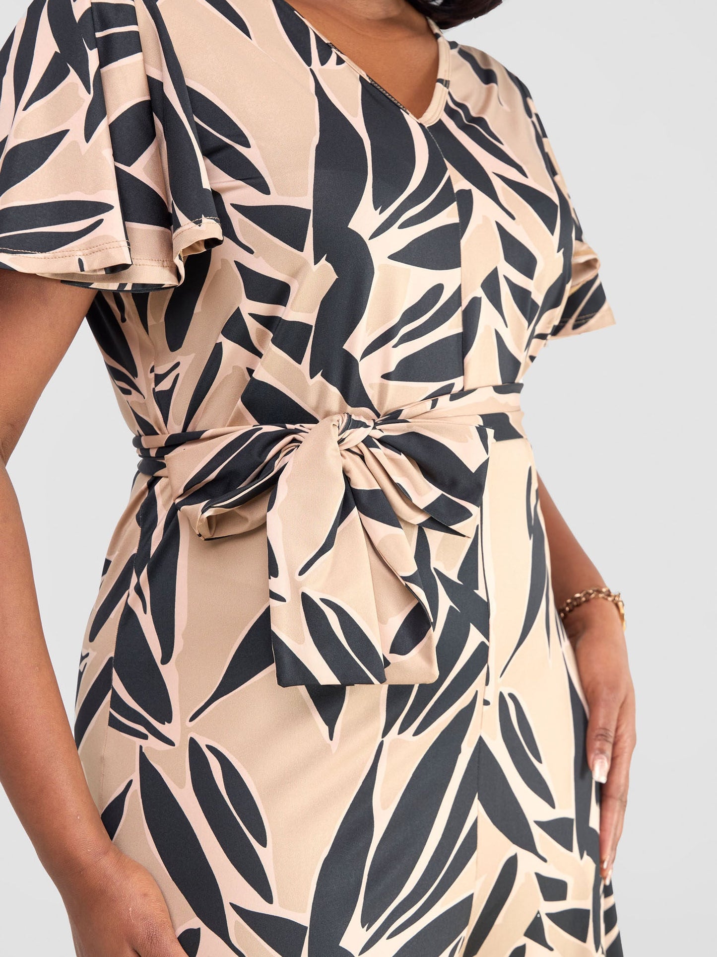 Vivo Ruwa Flounce Sleeve Jumpsuit - Taupe / Black Tawi Print