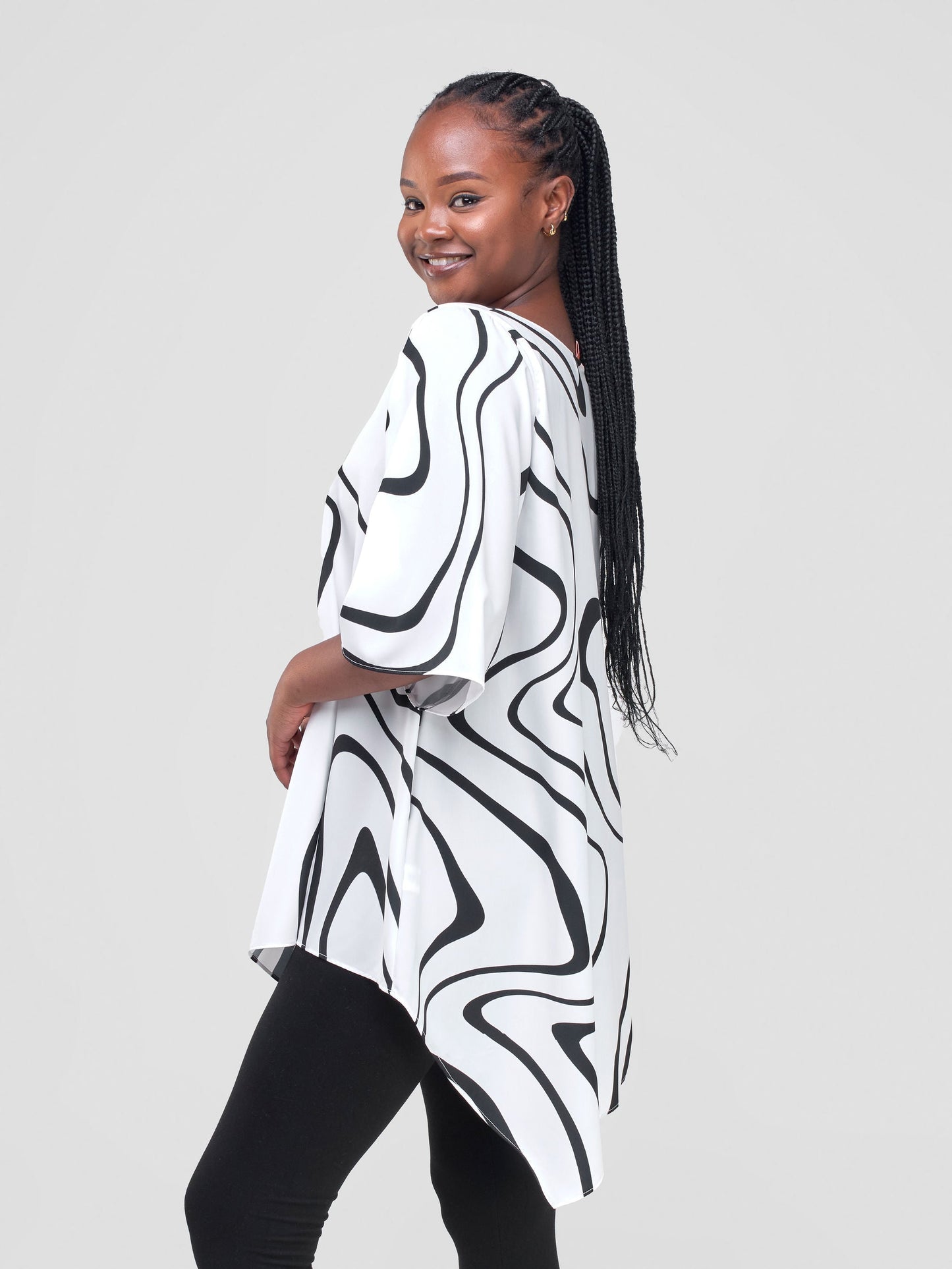 Vivo Sana Asymmetrical Angel Sleeve Top - Black / White Print