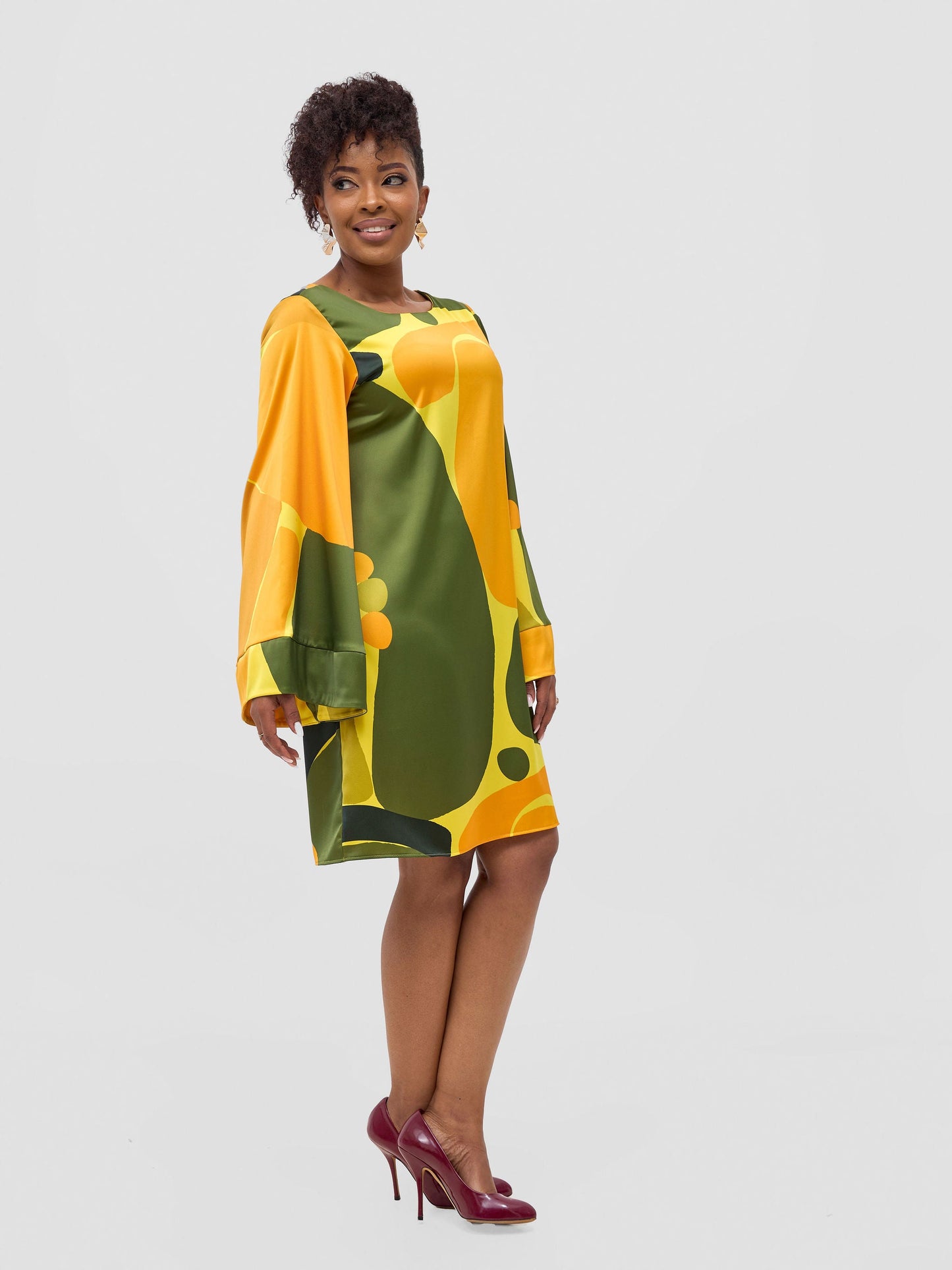 Vivo Kelemi Above Knee Dress - Yellow / Green Waso Print