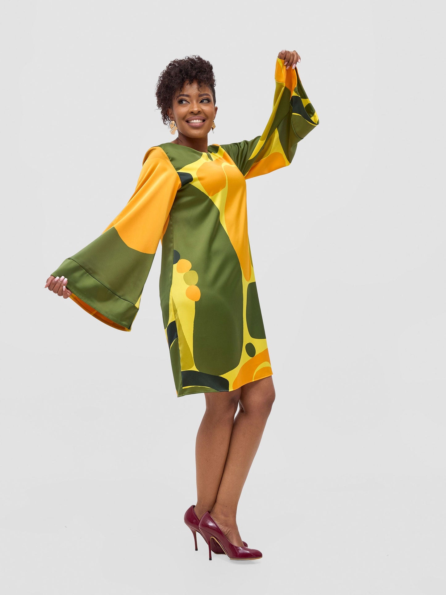 Vivo Kelemi Above Knee Dress - Yellow / Green Waso Print