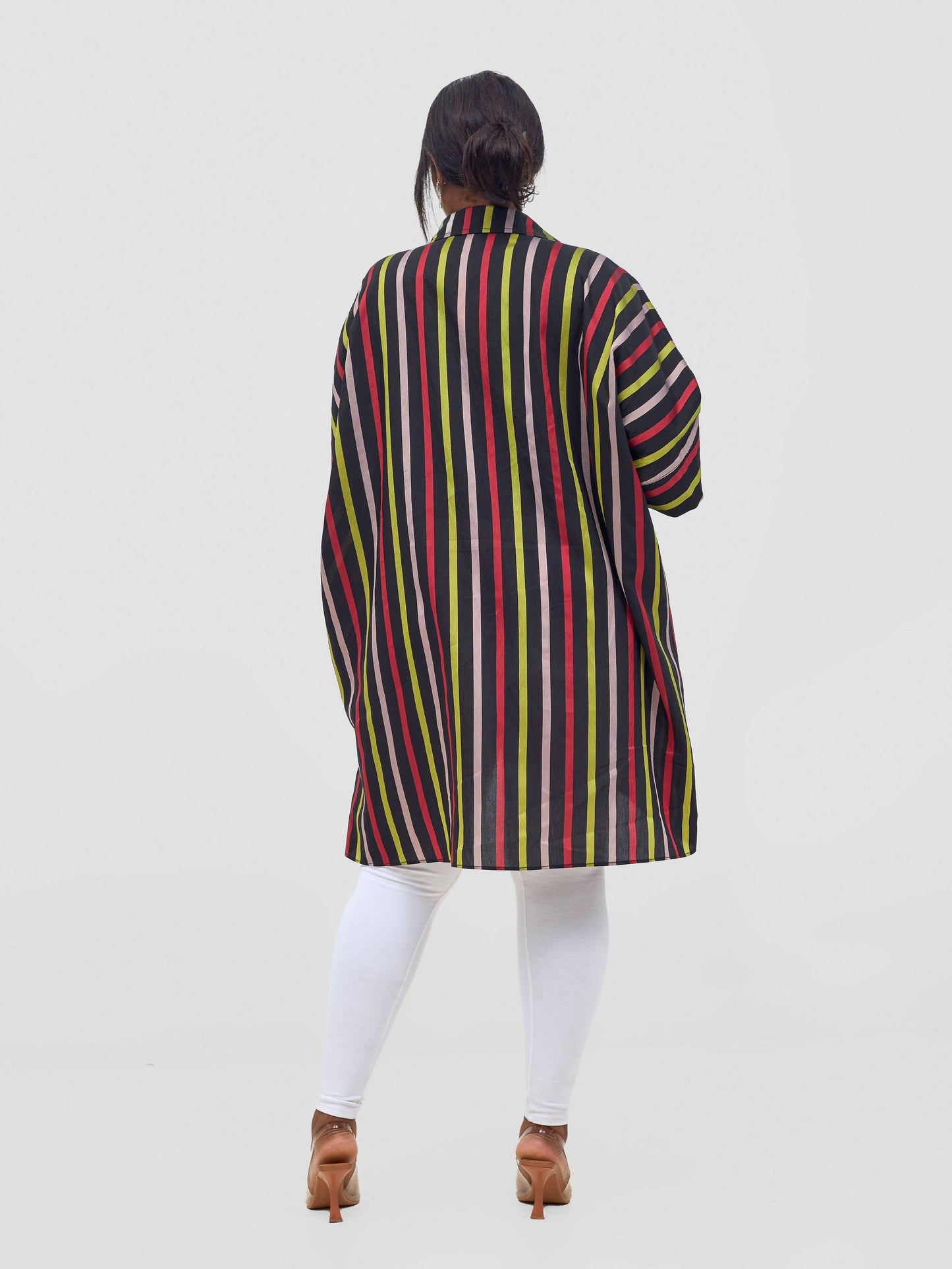 Vivo Mistari 3/4 Sleeve V - Neck Collared Tunic Top - Red / Olive Stripes