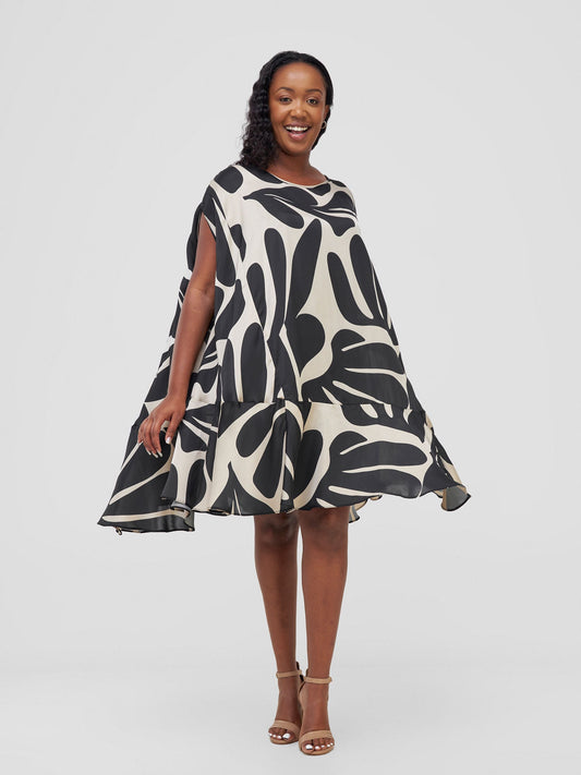 Vivo Thando Cape Knee Length Dress - Taupe / Black Amari Print