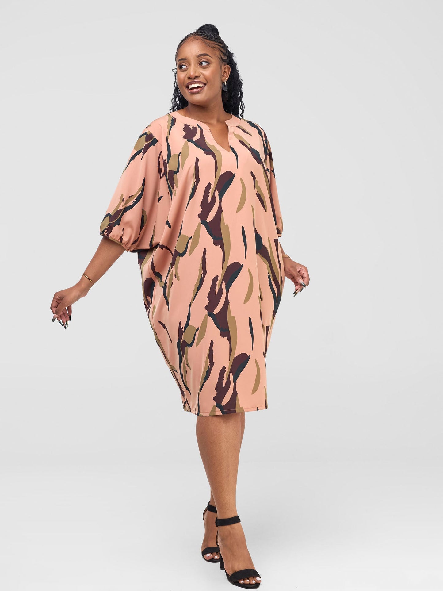 Vivo Reba Dolman Dress - Tan / Brown Reba Print