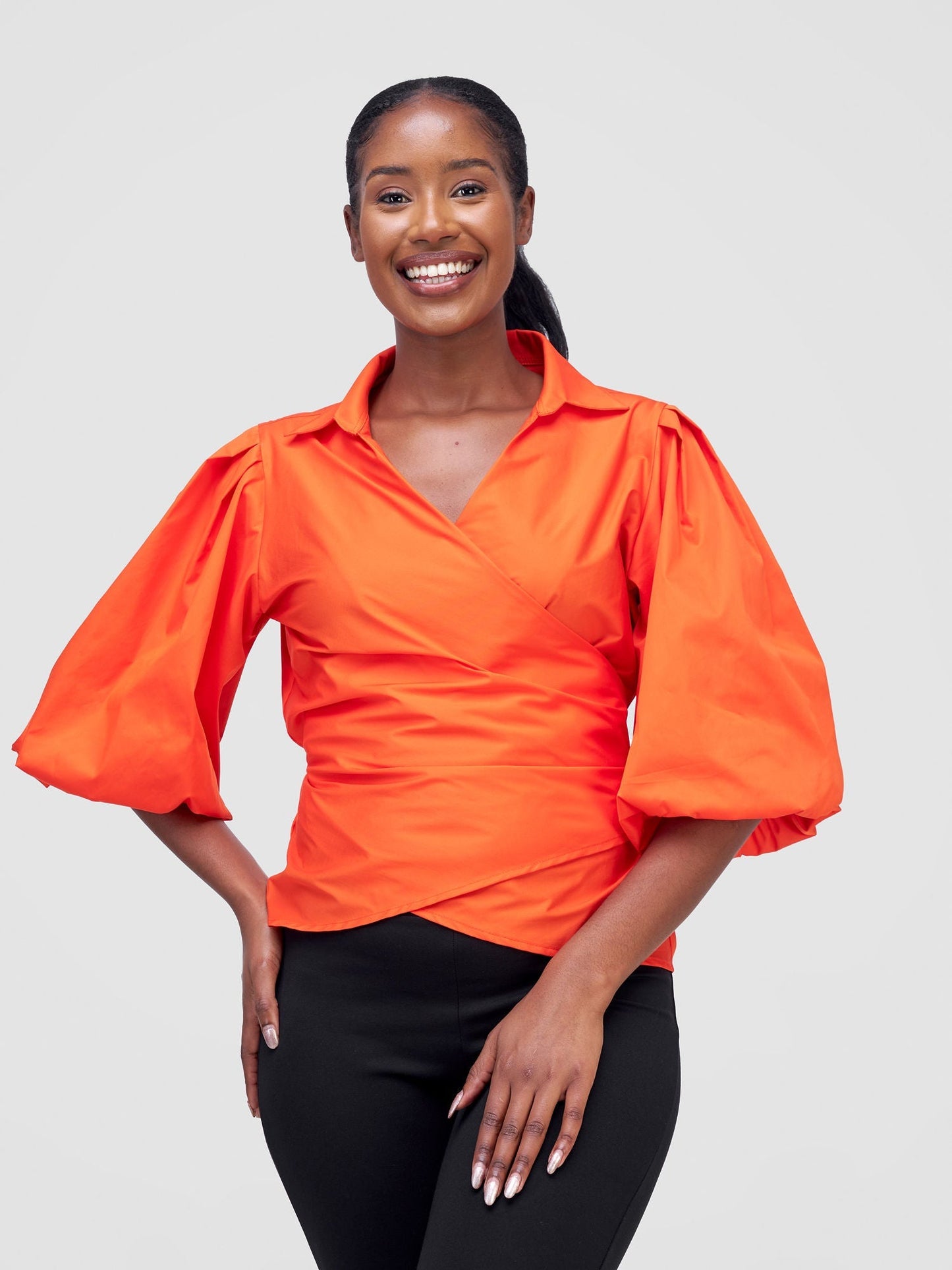 Safari Mali 3/4 Bishop Sleeve Tie Top - Orange