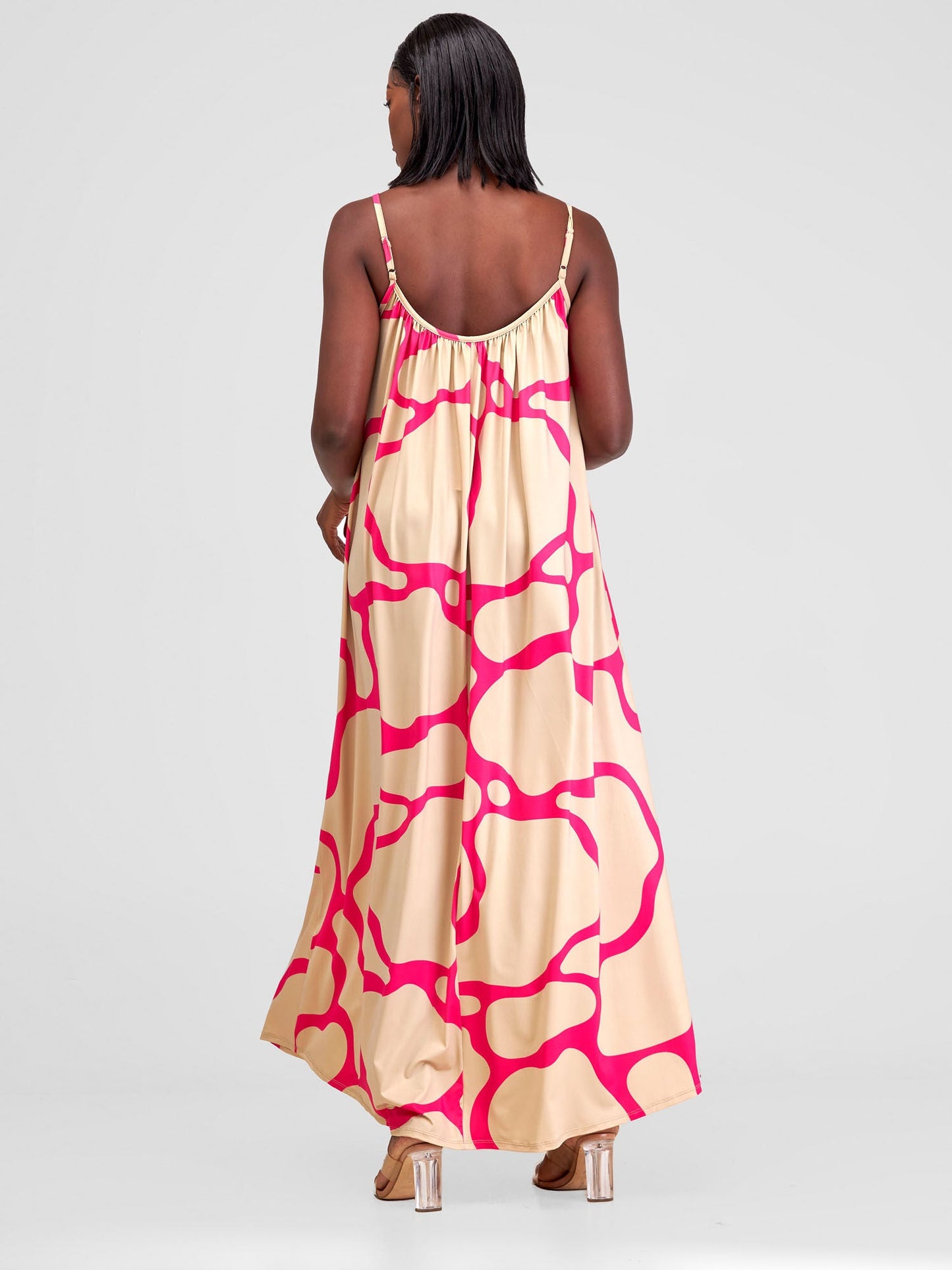 Vivo Sarabi Strappy Low Back Maxi Dress - Taupe / Pink Print