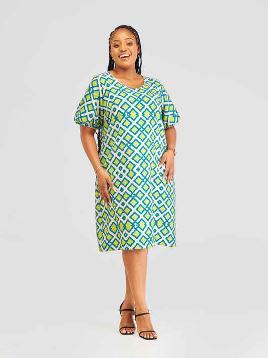 Vivo Pendo Puff Sleeve Shift Dress - Taupe / Lime Shale Print