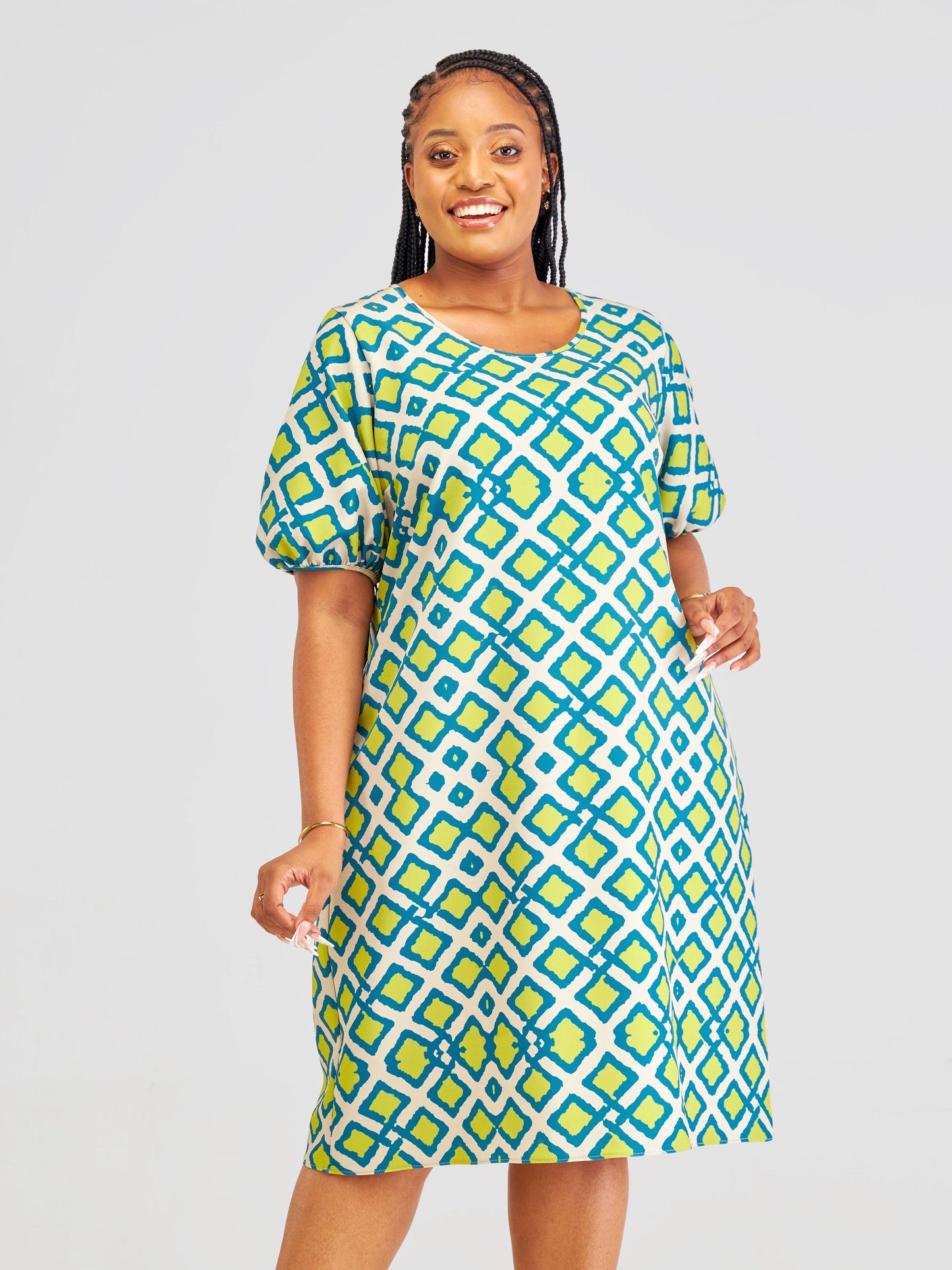Vivo Pendo Puff Sleeve Shift Dress - Taupe / Lime Shale Print