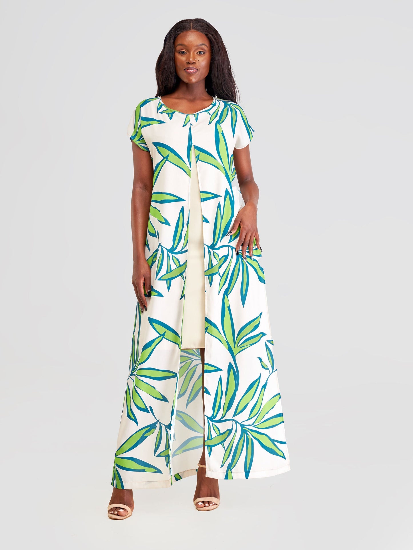 Vivo Kelemi Layered Maxi Dress - Khaki + Taupe / Green Lemi Print
