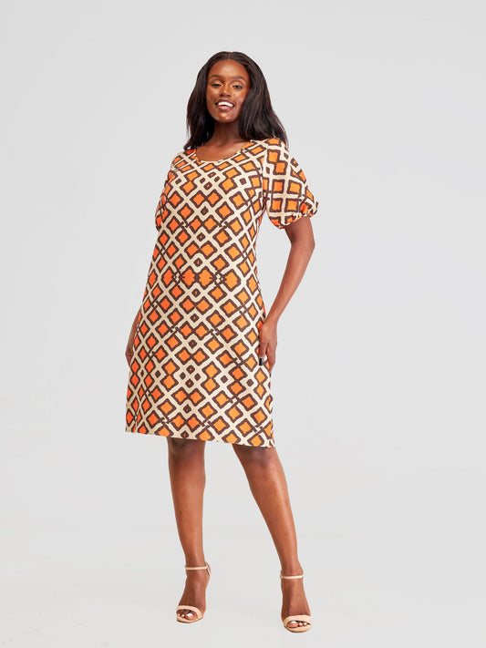 Vivo Pendo Puff Sleeve Shift Dress - Taupe / Orange Shale Print
