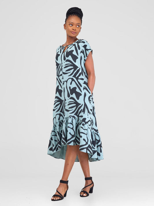 Vivo Zahari Drop Shoulder High Low Dress - Black / Mint Zari Print