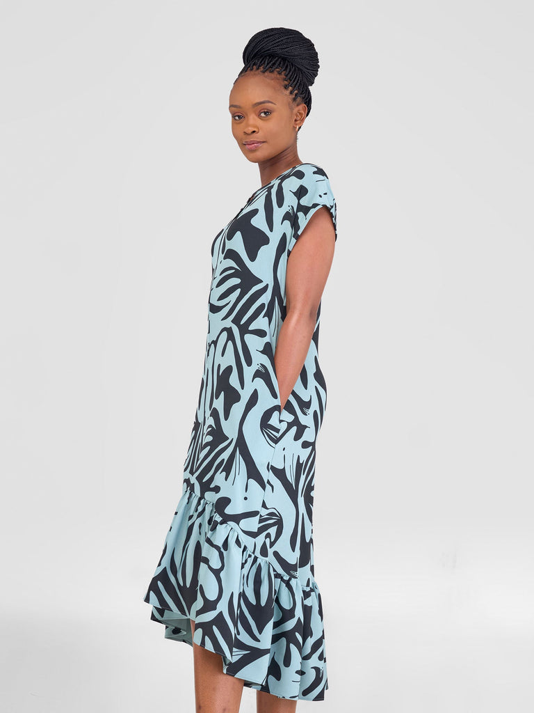 Vivo Zahari Drop Shoulder High Low Dress - Black / Mint Zari Print