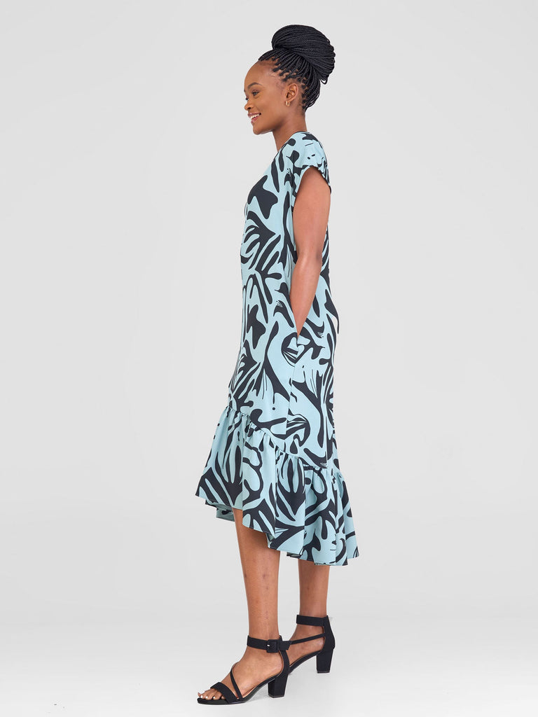 Vivo Zahari Drop Shoulder High Low Dress - Black / Mint Zari Print