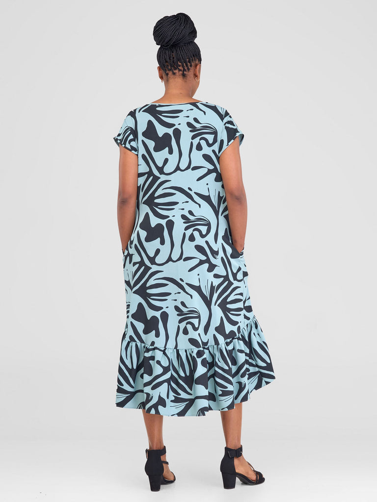 Vivo Zahari Drop Shoulder High Low Dress - Black / Mint Zari Print