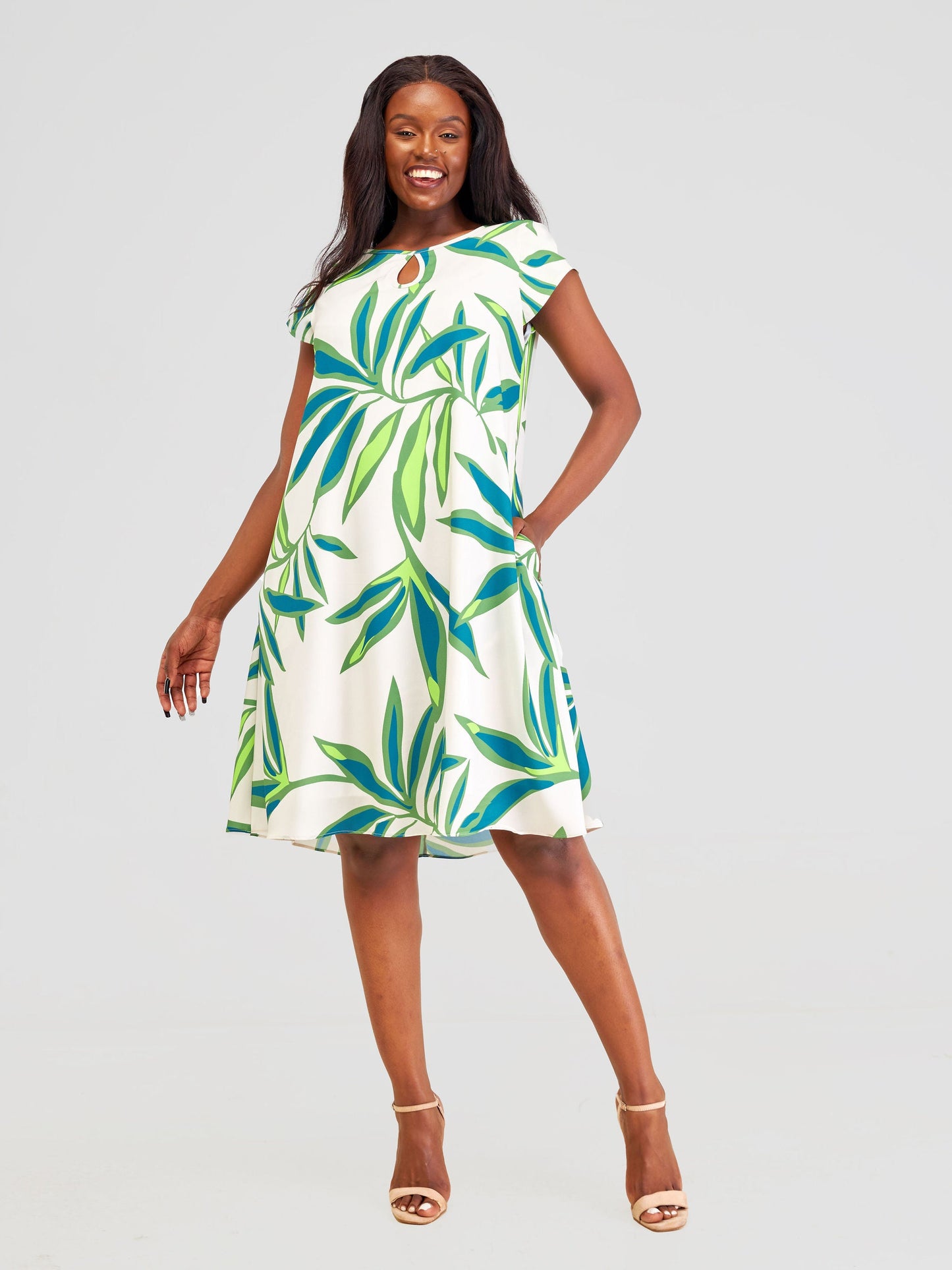 Vivo Sierra Cap Sleeve Tent Chiffon Dress - Taupe / Green Lemi Print