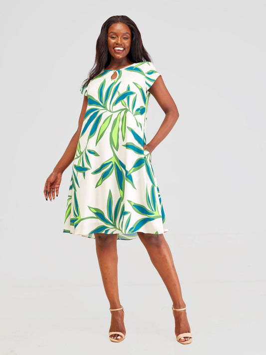 Vivo Sierra Cap Sleeve Tent Chiffon Dress - Taupe / Green Lemi Print