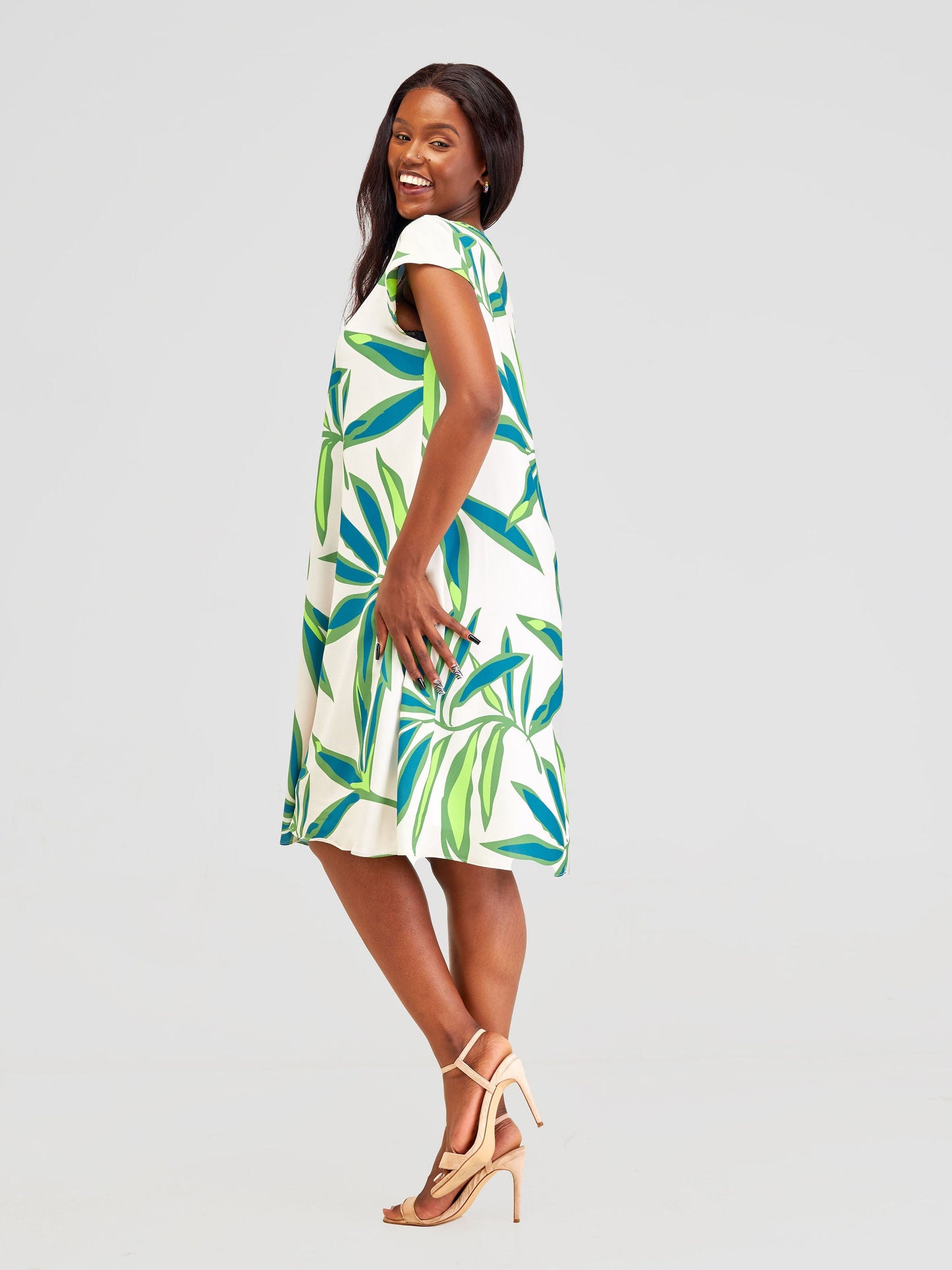 Vivo Sierra Cap Sleeve Tent Chiffon Dress - Taupe / Green Lemi Print