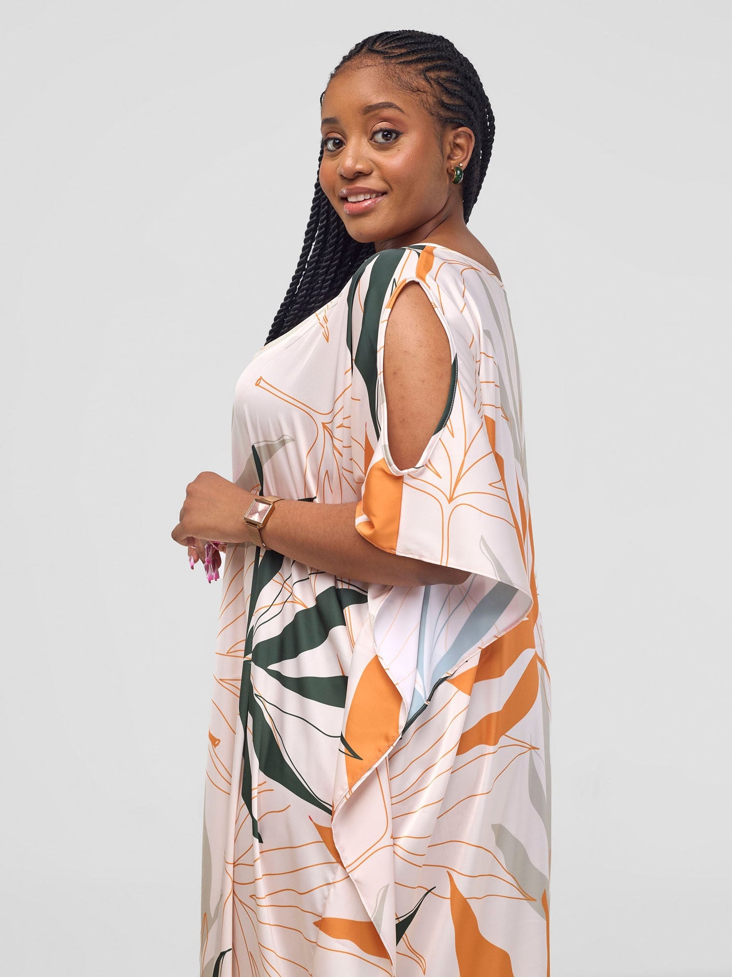 Vivo Kelemi Cut Out Sleeve Maxi Dress - Mustard / Green Leke Print