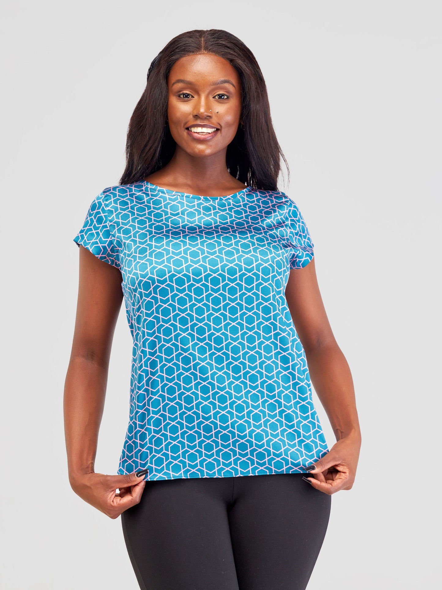 Vivo Basic Satin Cap Sleeve Top - Teal / Pink Duku Print
