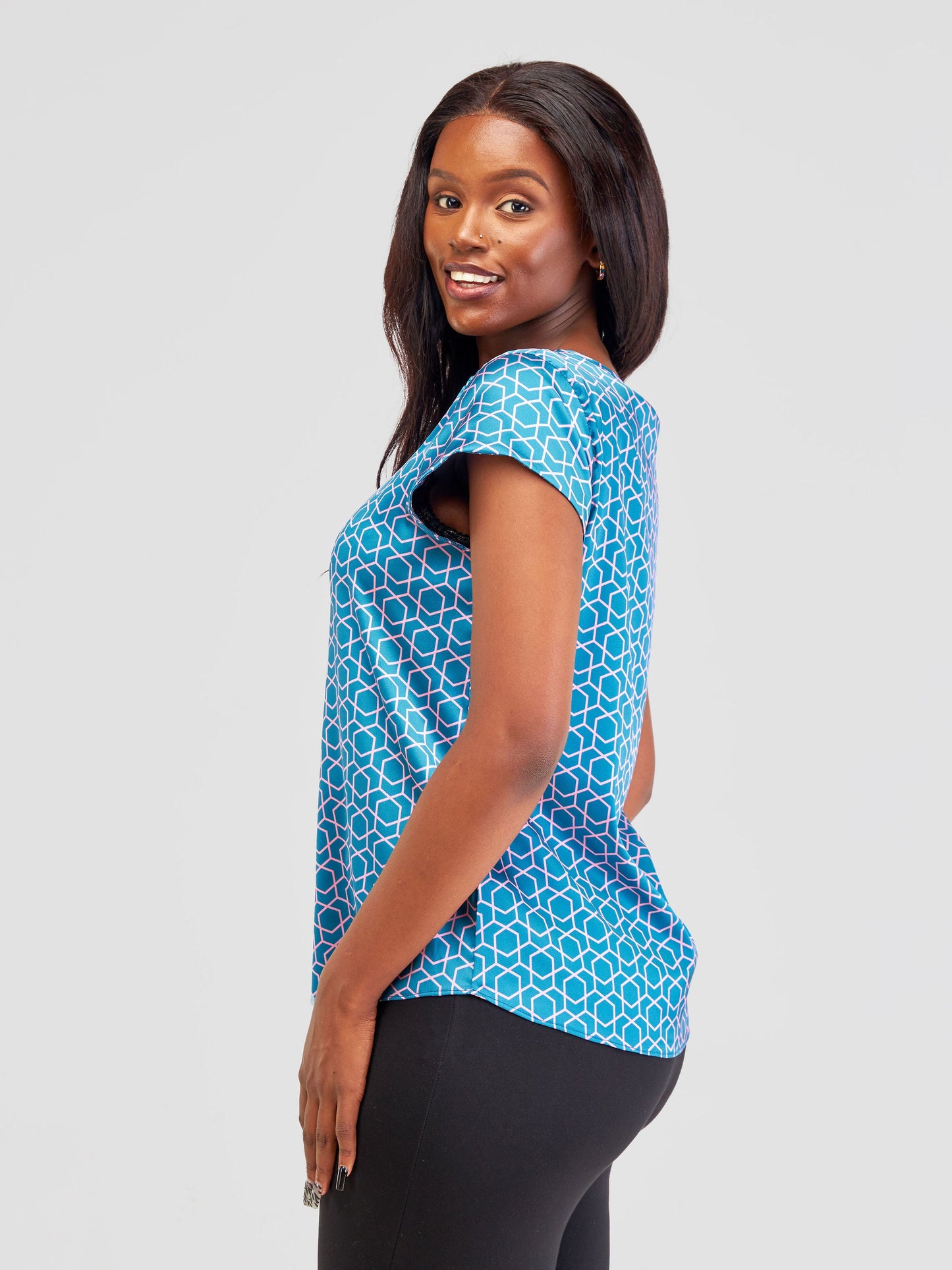 Vivo Basic Satin Cap Sleeve Top - Teal / Pink Duku Print