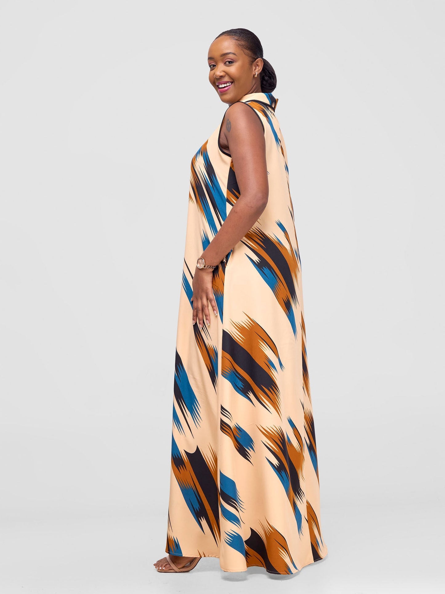 Vivo Shaa Sleeveless Maxi Dress - Cream / Teal Print