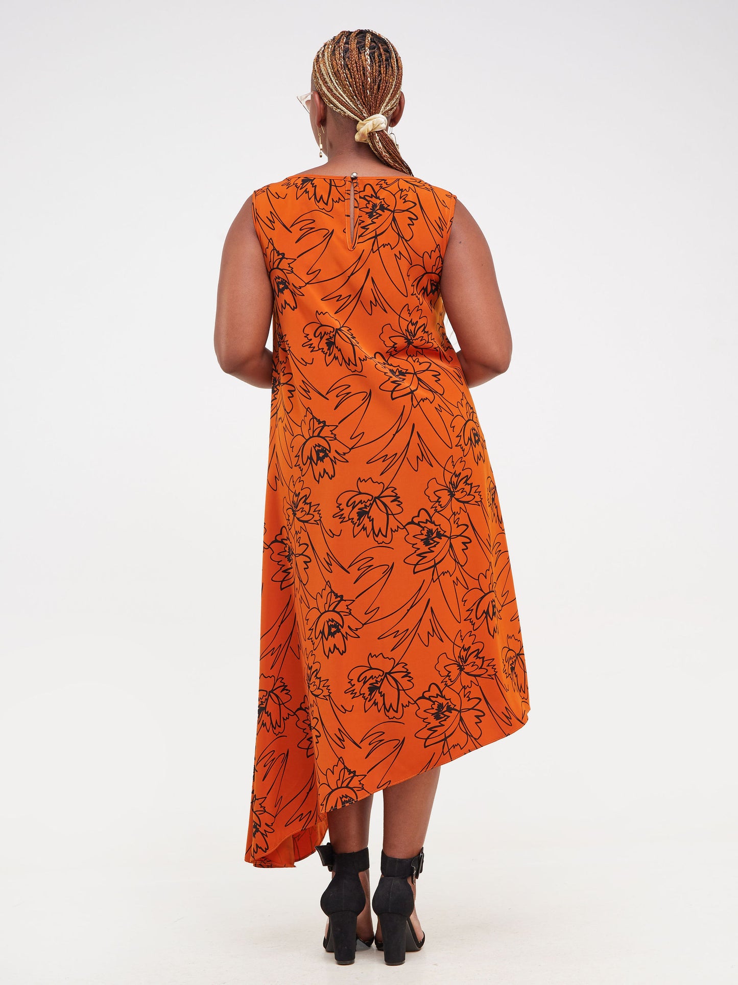 Vivo Nana Boat Neck Asymmetrical Dress - Rust / Black Abstract Print