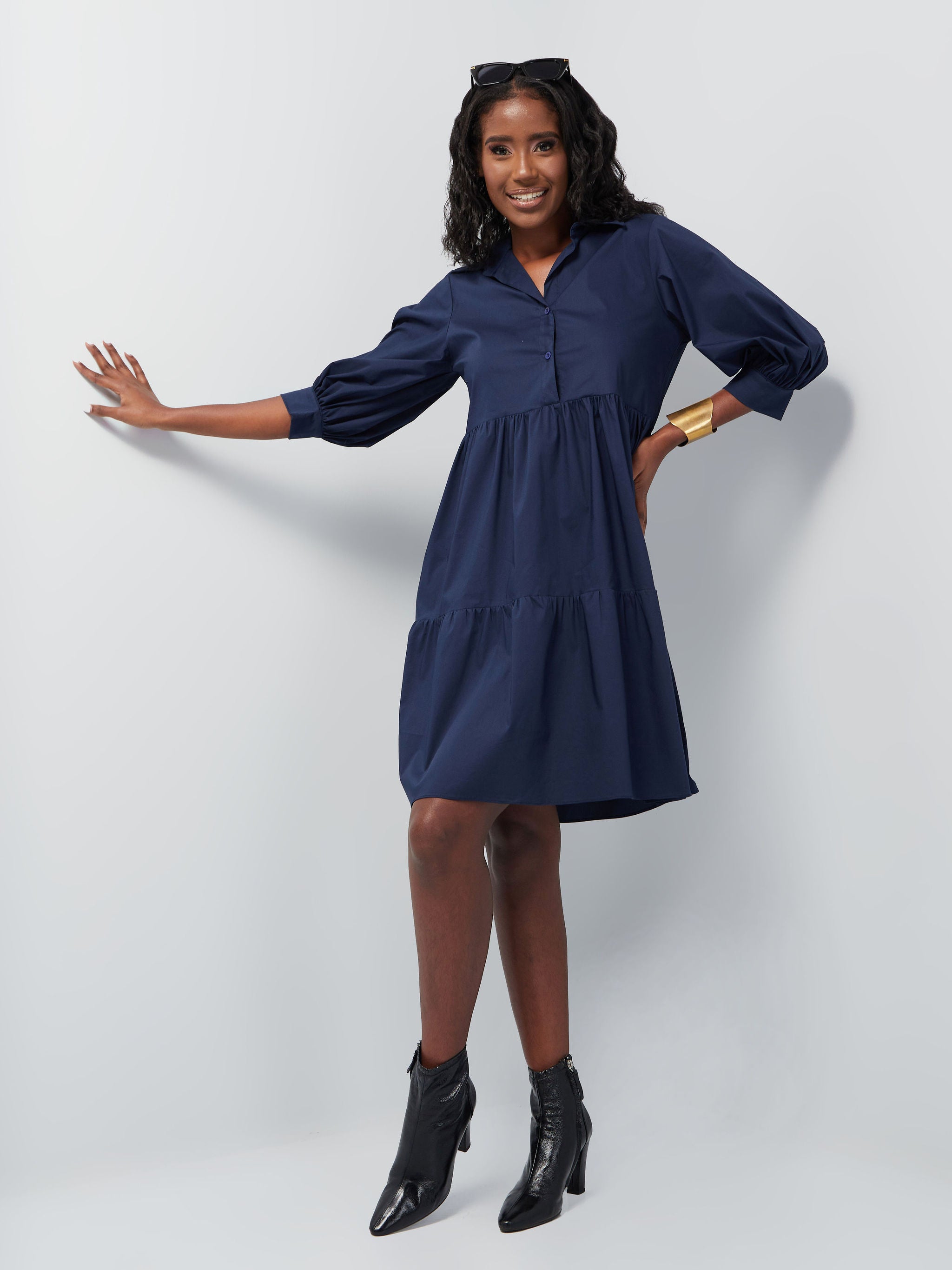 Safari Tawi Shirt Collar Bishop Sleeve Tiered Dress - Navy Blue