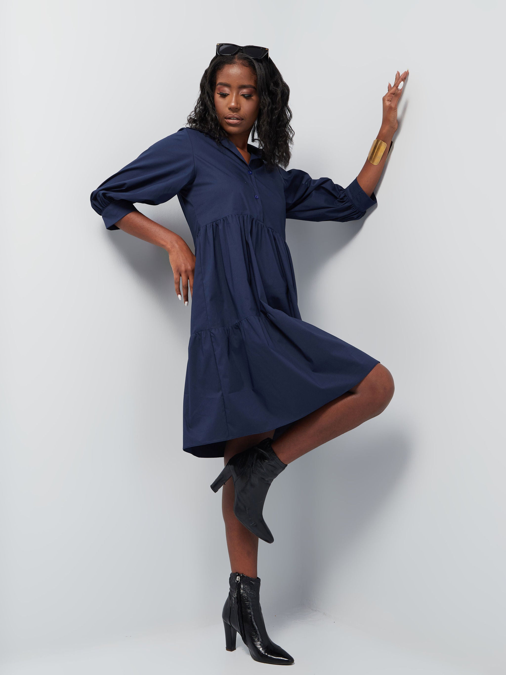 Safari Tawi Shirt Collar Bishop Sleeve Tiered Dress - Navy Blue
