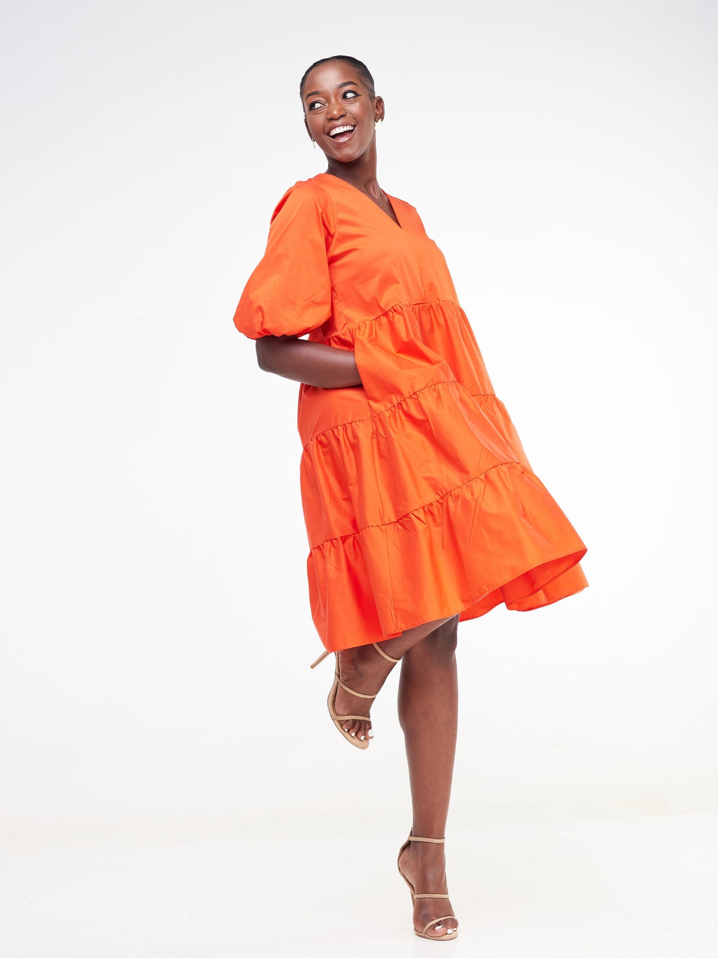 Safari Tawi Bishop Sleeve Tiered Dress - Orange