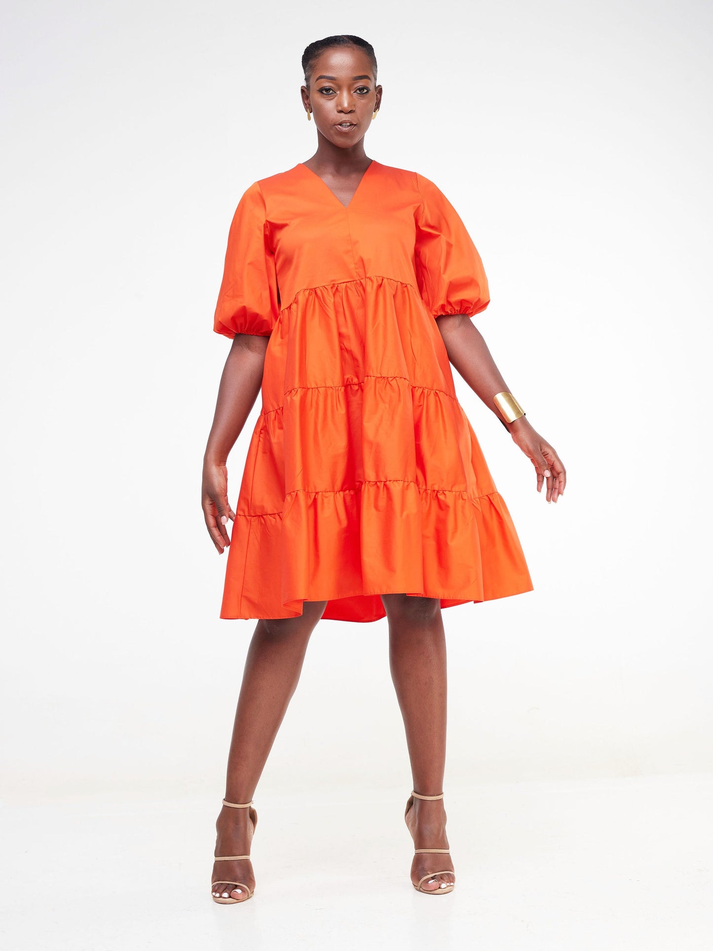 Safari Tawi Bishop Sleeve Tiered Dress - Orange