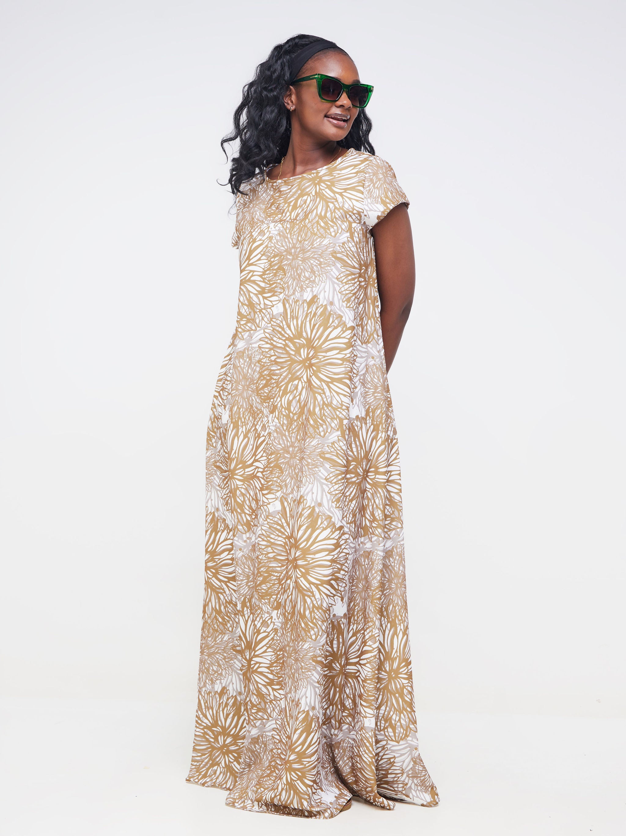 Vivo Basic Cap Sleeved Tent Maxi Dress - Brown Dandelion Floral