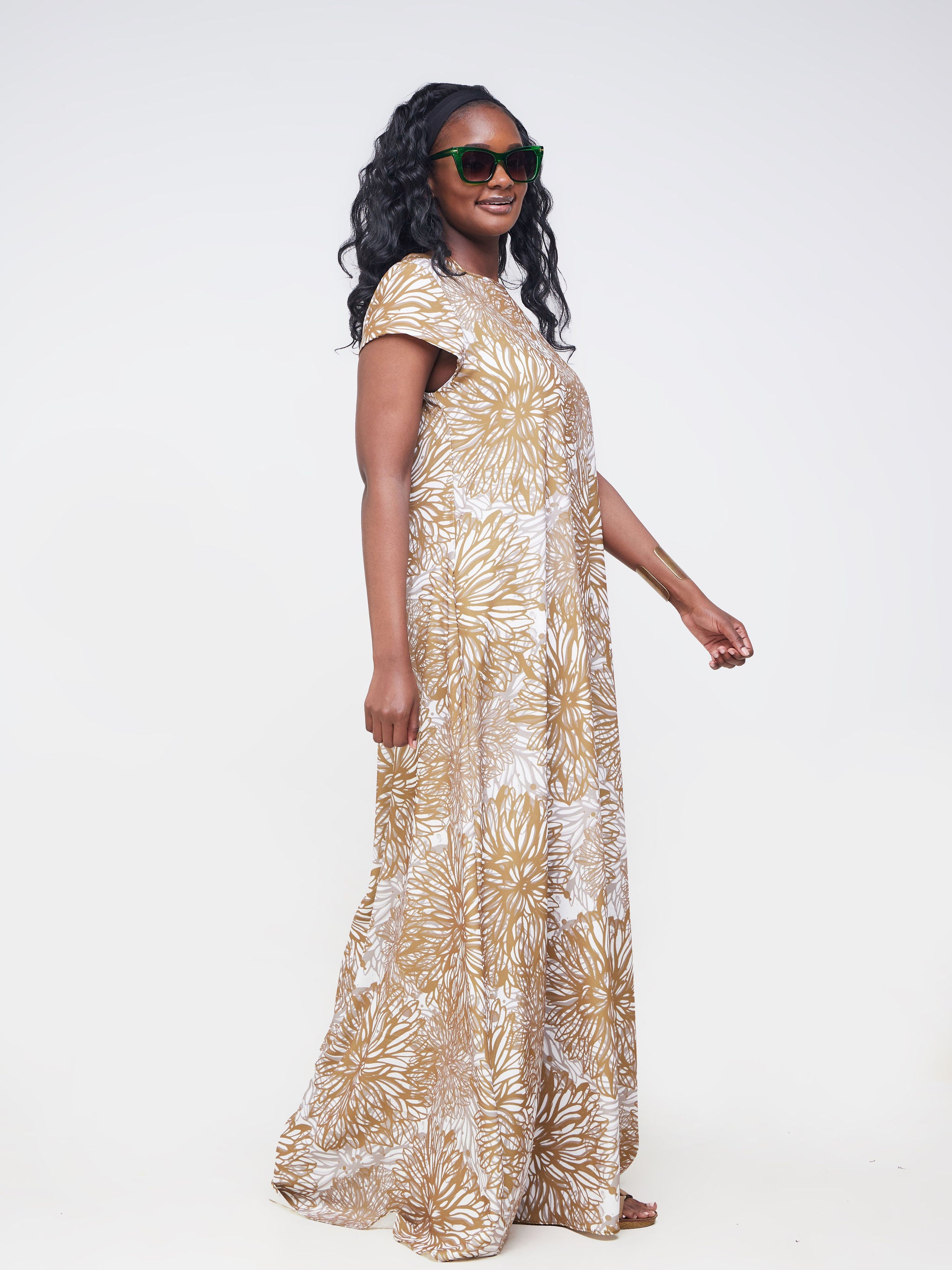Vivo Basic Cap Sleeved Tent Maxi Dress - Brown Dandelion Floral
