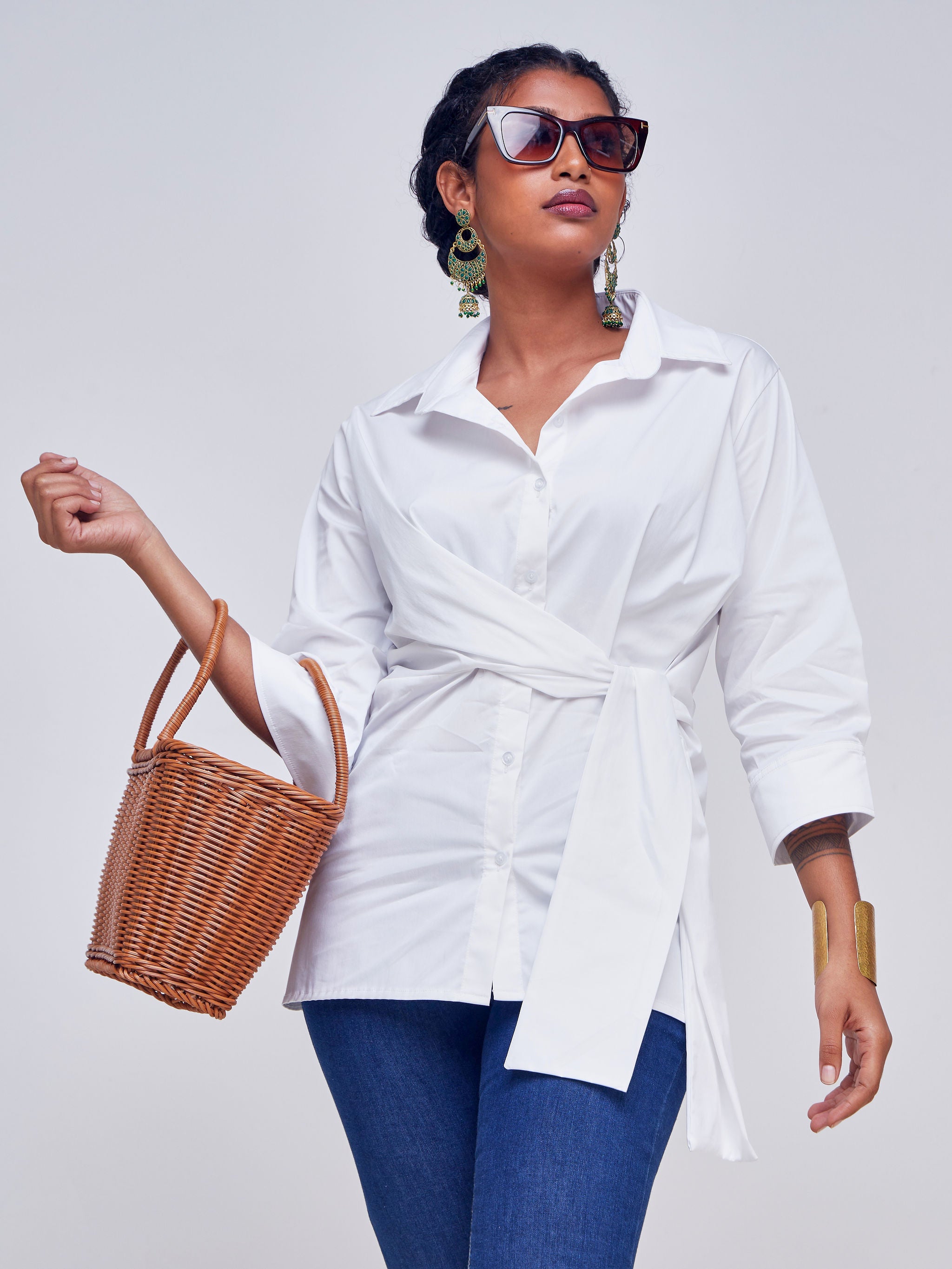 Safari Mali 3/4 Sleeve Tie Shirt - White