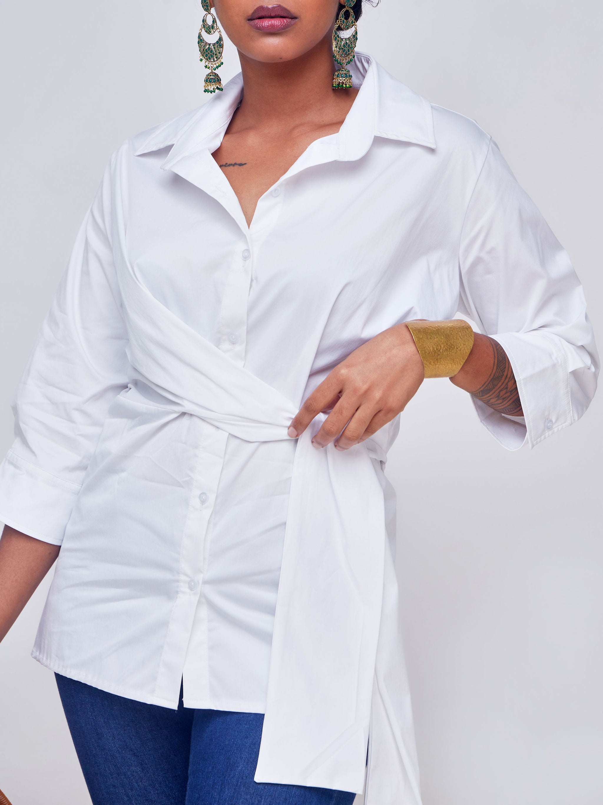Safari Mali 3/4 Sleeve Tie Shirt - White