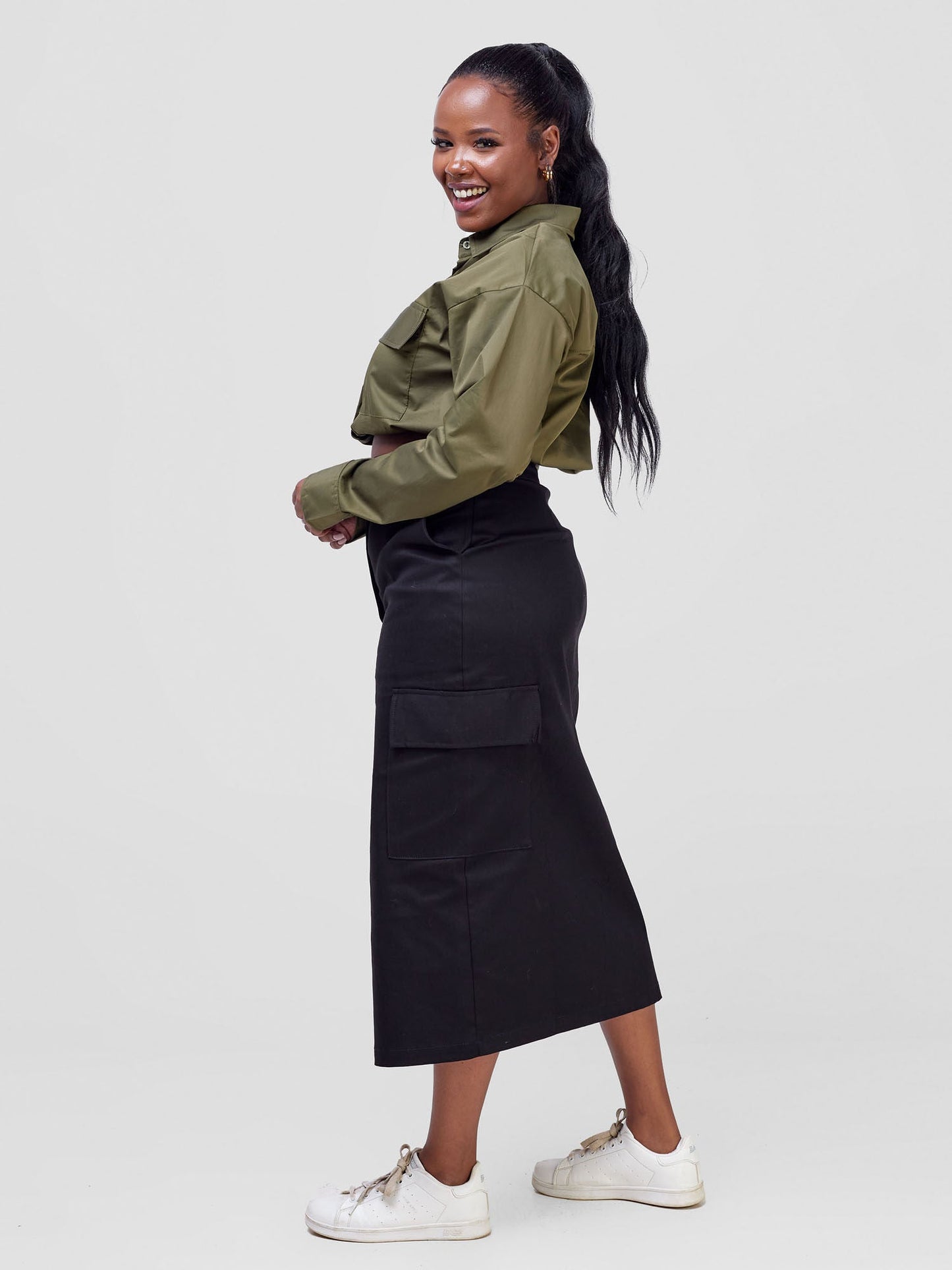Safari Kamari Front Slit Midi Skirt - Black