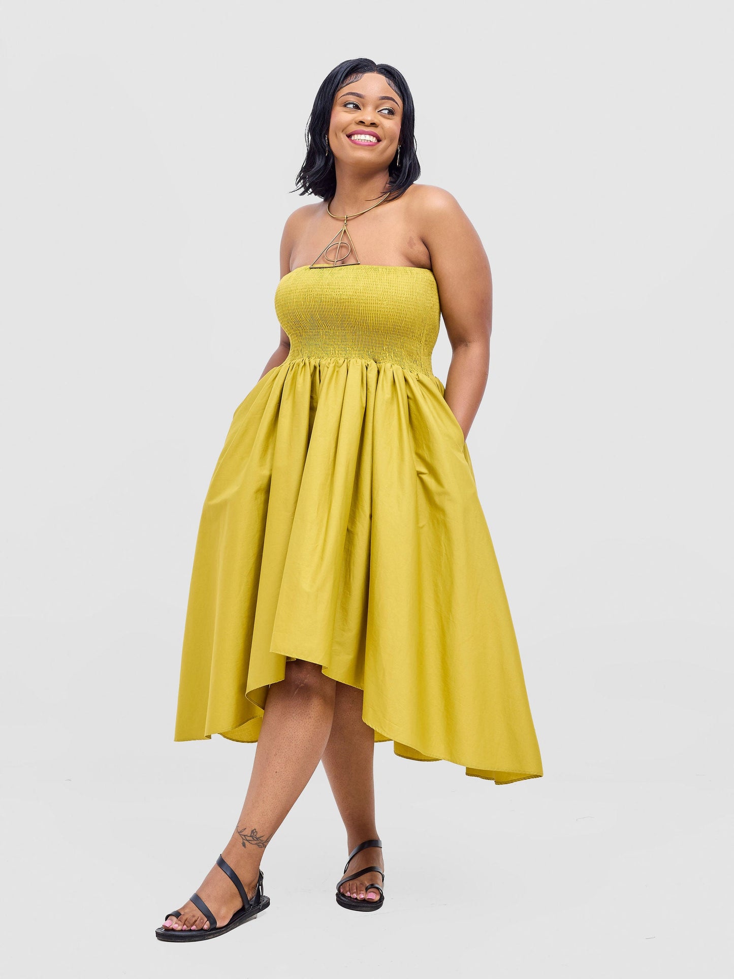 Safari Tiwa Shirred Midi Dress - Lime