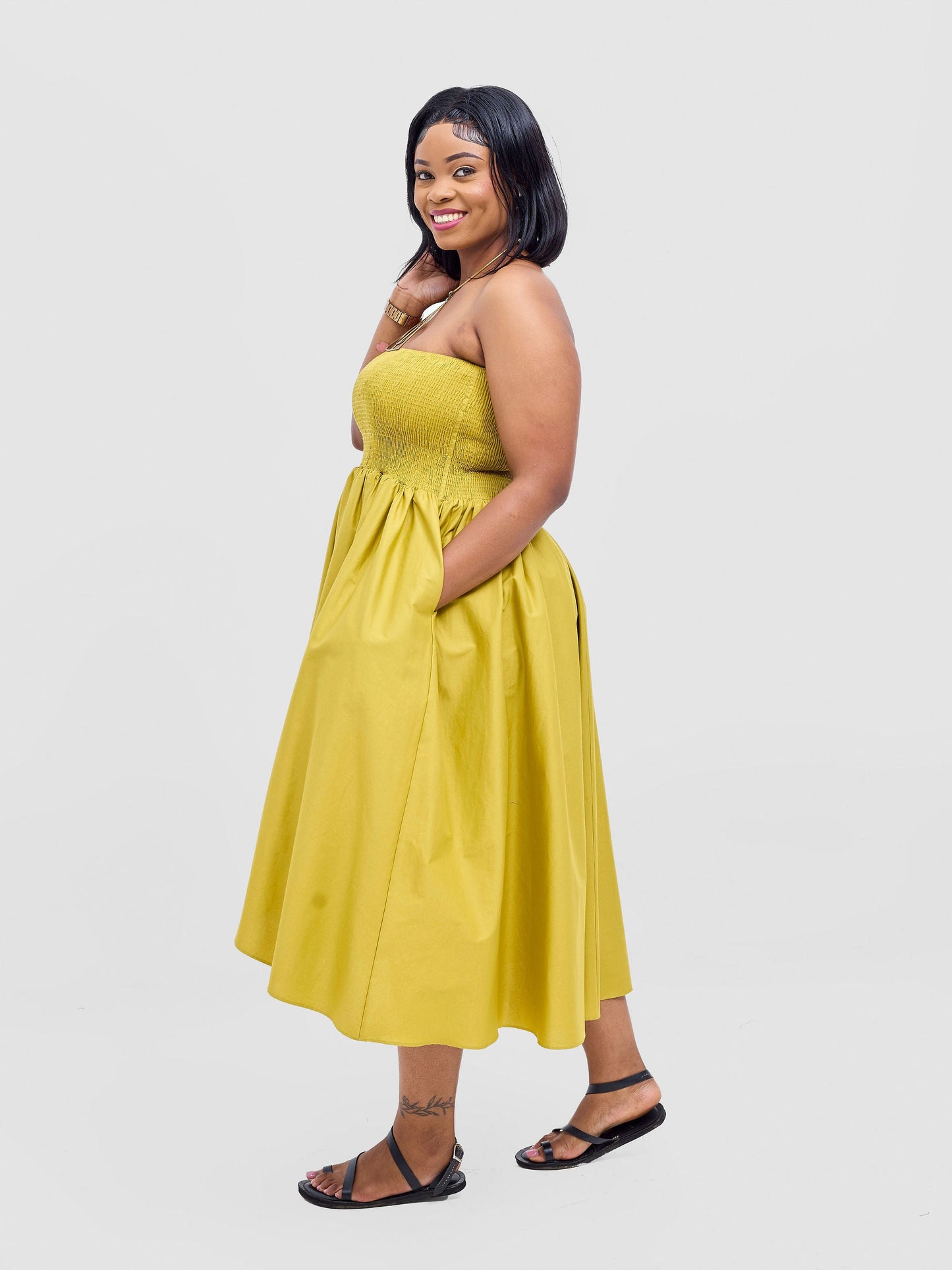 Safari Tiwa Shirred Midi Dress - Lime