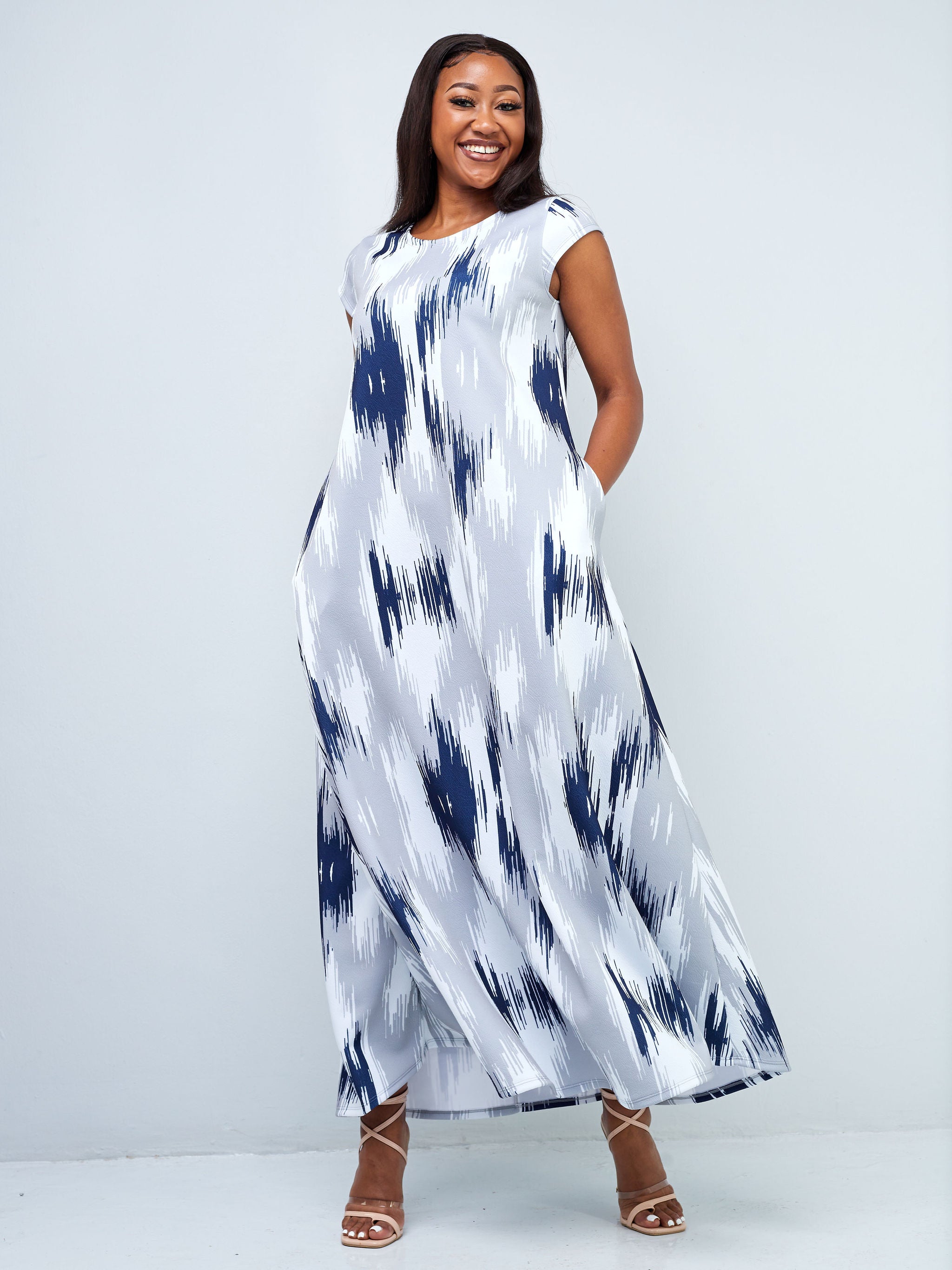 Vivo Hema Cap Sleeve Maxi Dress - Grey / Navy Abstract Print